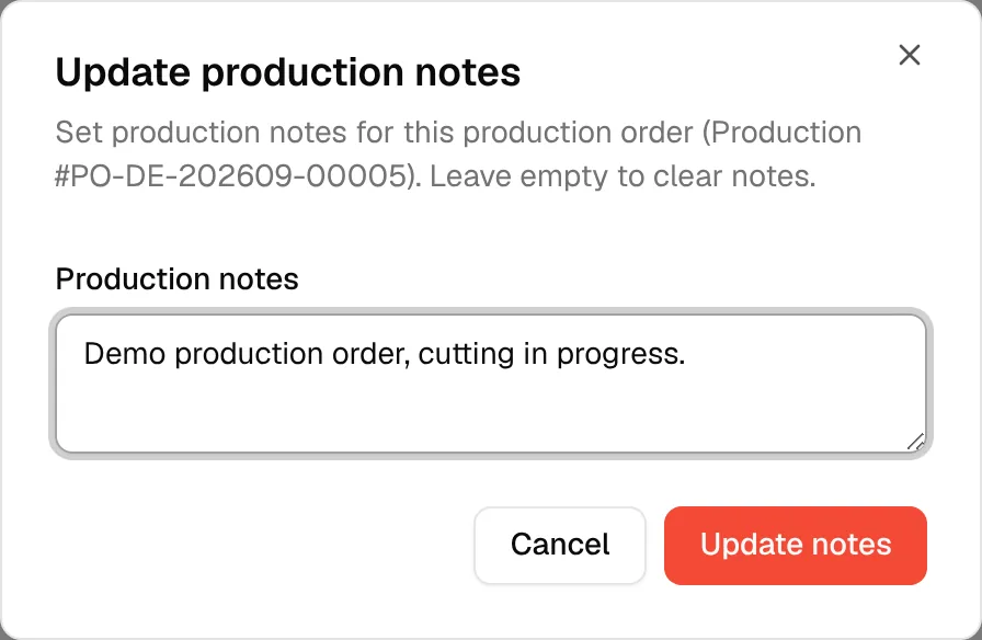 The Update production notes dialog with the Production notes text area