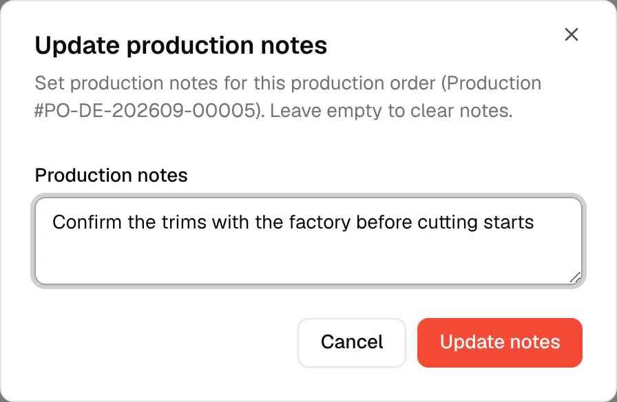 The Production notes text area with a note typed in, above the Update notes button
