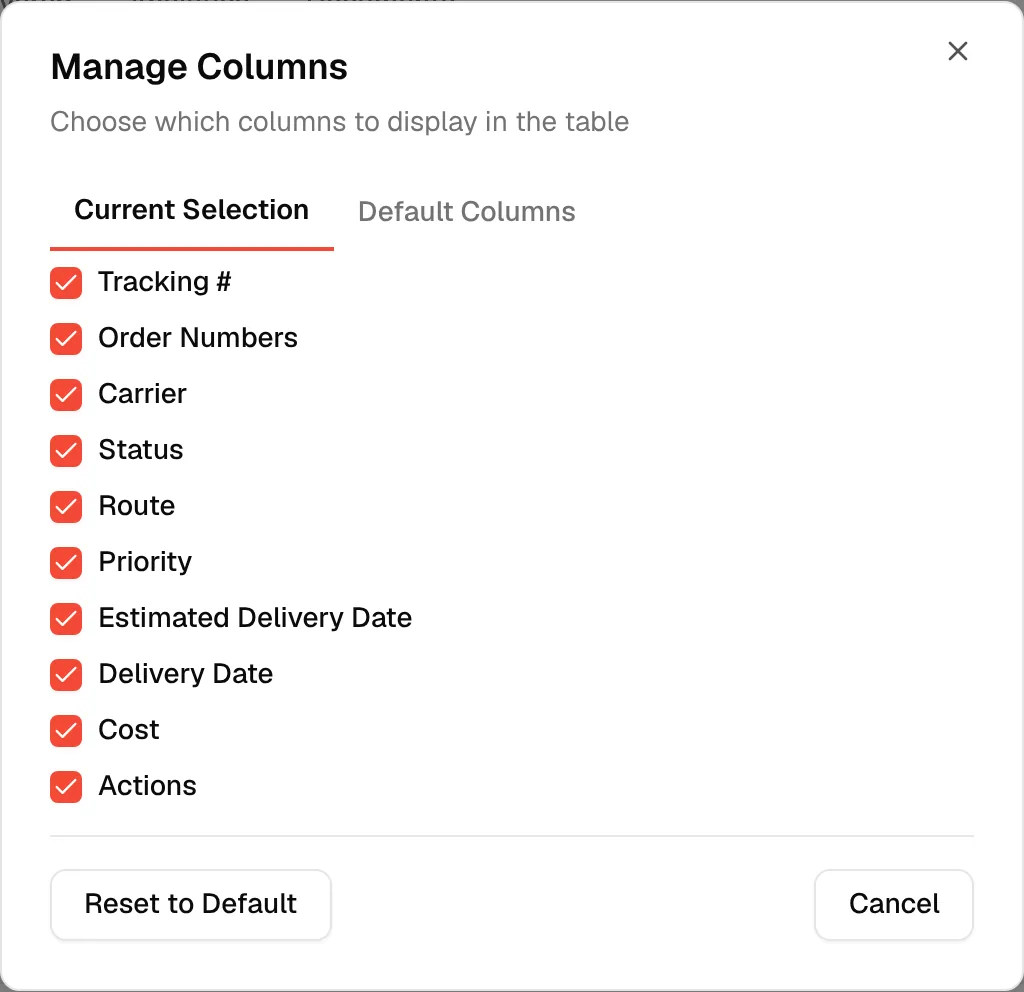 The Manage Columns dialog opened from the Columns button, with the Current Selection tab