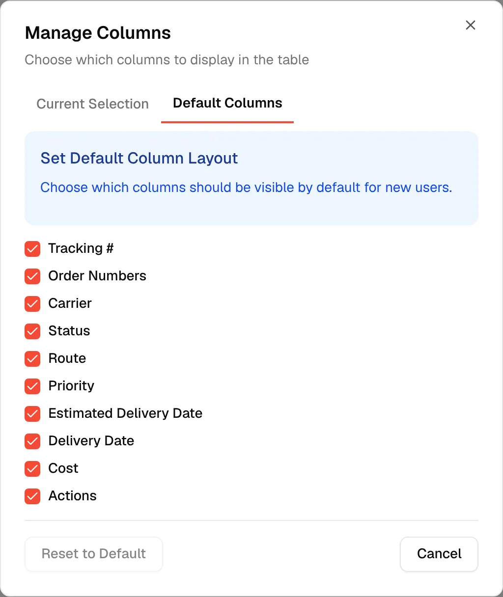 The Default Columns tab, which sets the layout new users start with
