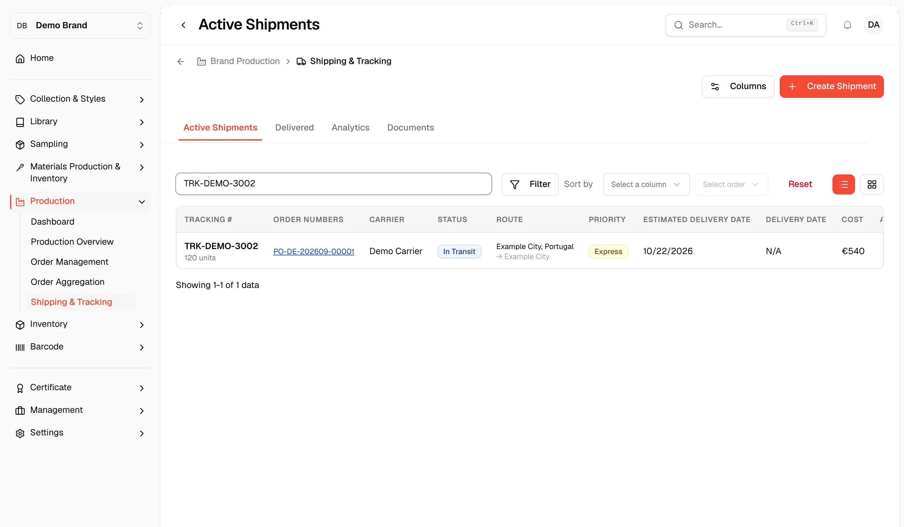 A tracking number typed in the search box, leaving only the matching shipment in the table