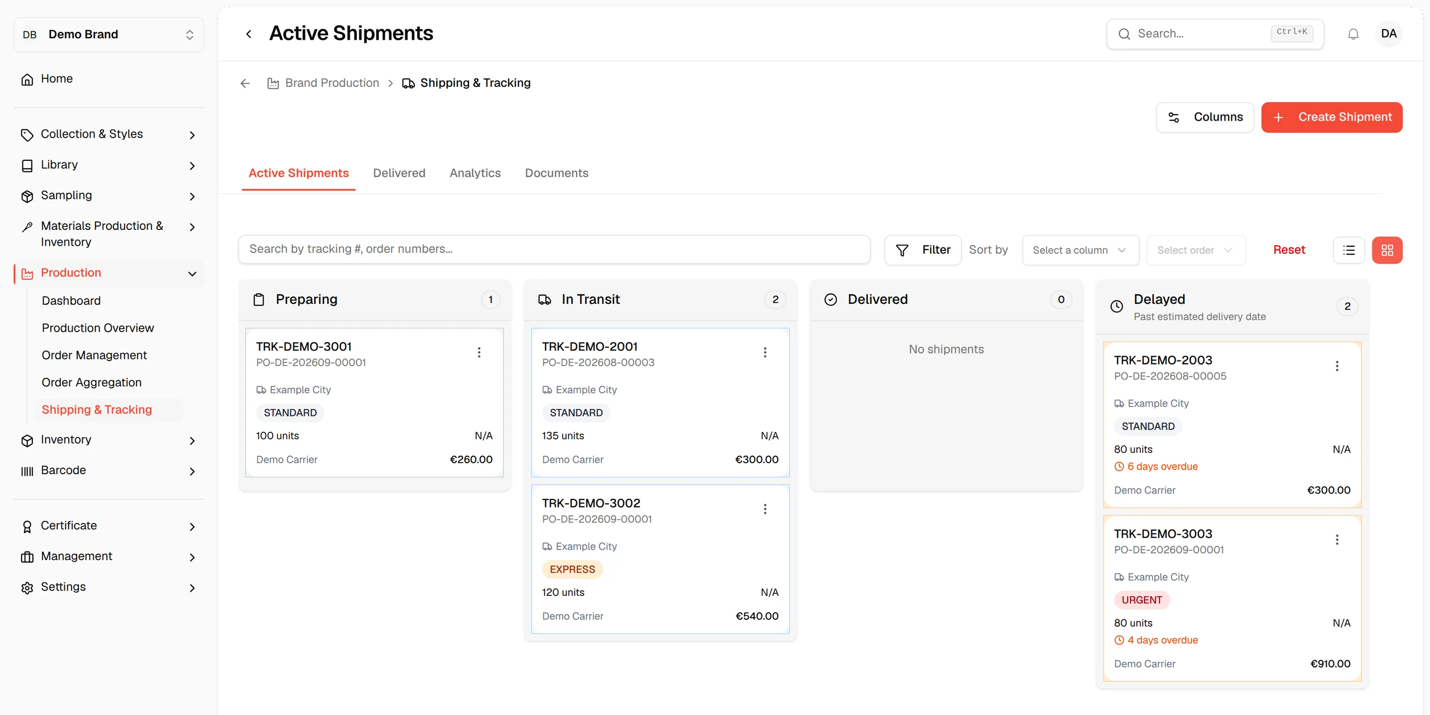The kanban board with the Preparing, In Transit, Delivered and Delayed columns and a card for each shipment