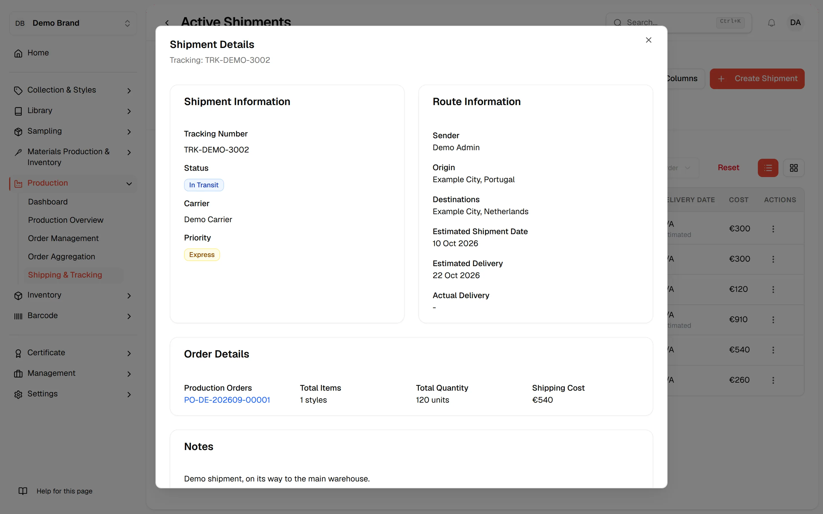 The Shipment Details dialog opened for the shipment, with its tracking number in the title