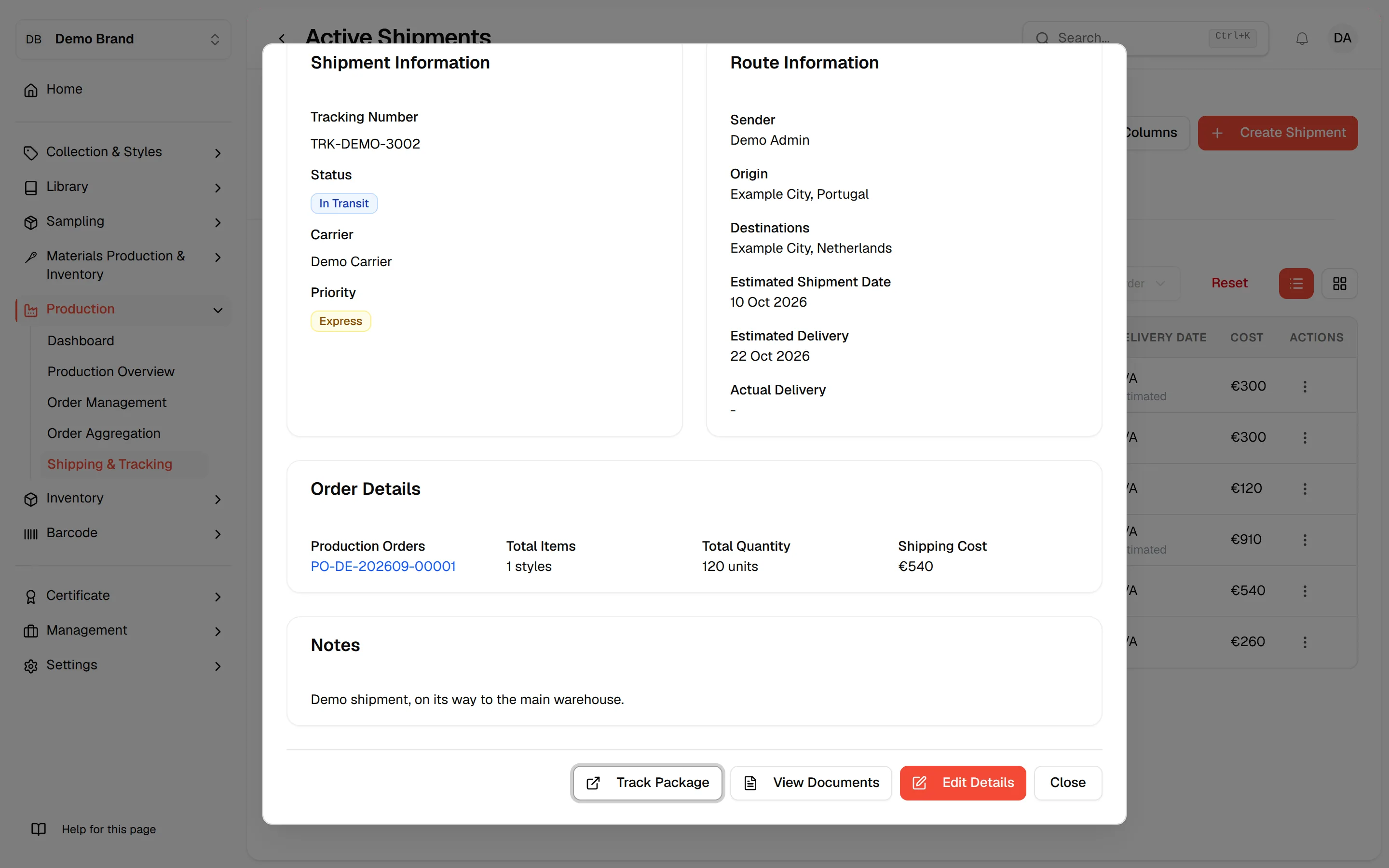 The lower part of the Shipment Details dialog with the order details, notes and the Track Package, View Documents, Edit Details and Close buttons