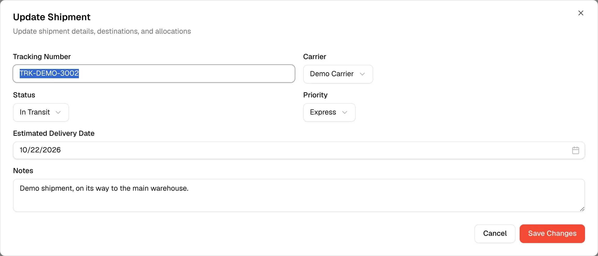 The Update Shipment dialog with the tracking number, carrier, status and priority