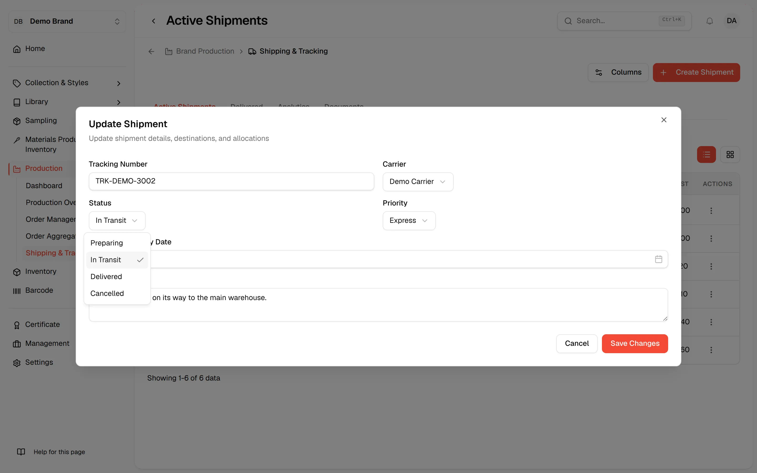 The Status field open with Preparing, In Transit, Delivered and Cancelled