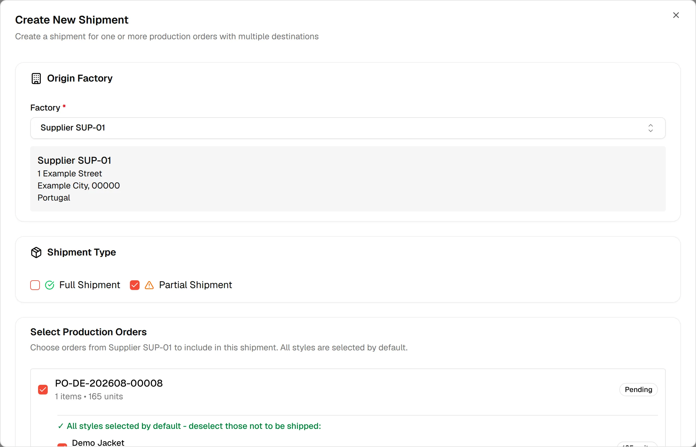 A selected order expanded to its styles, all checked by default, with the units available for each