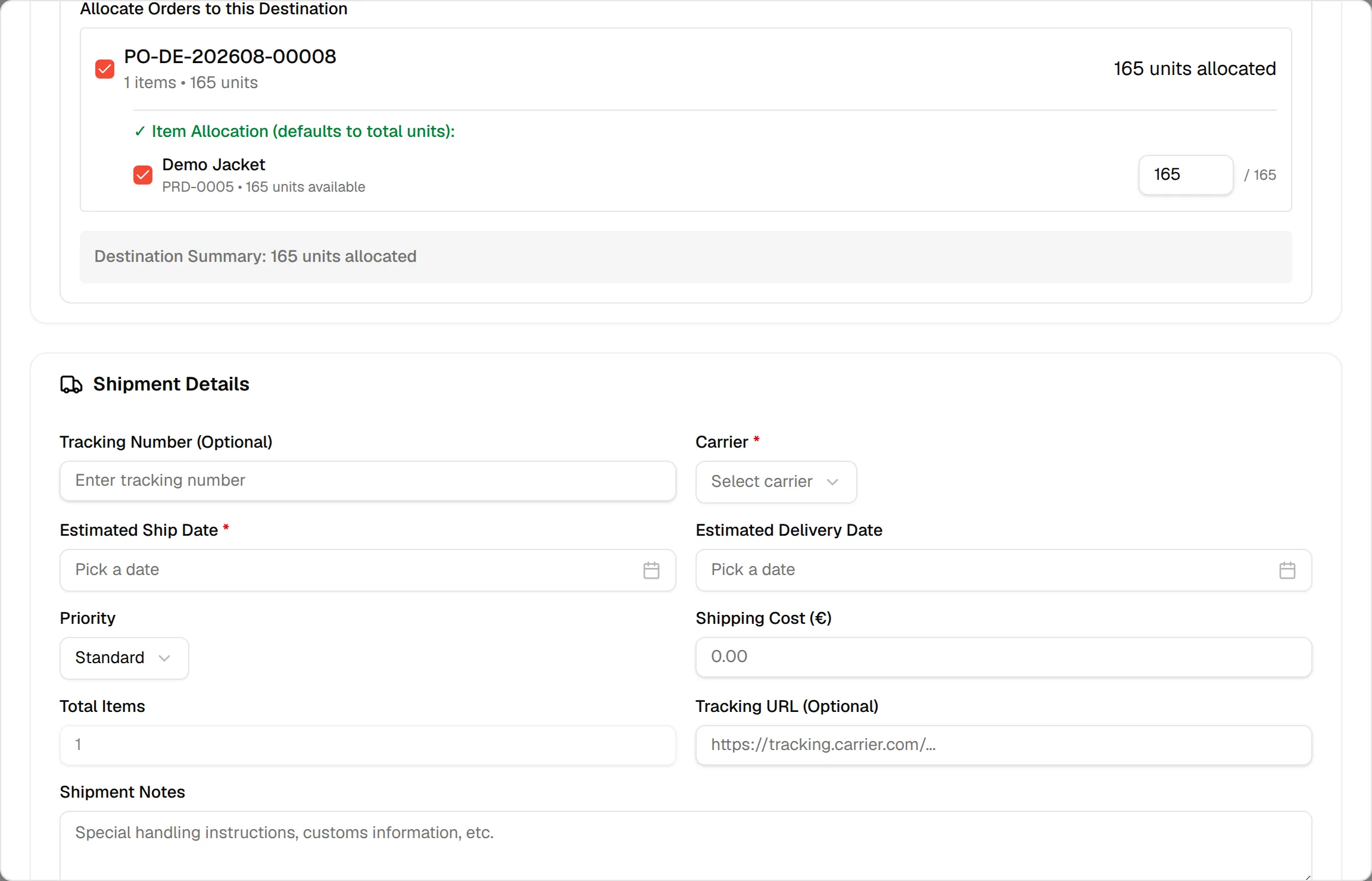 The order ticked under Allocate Orders to this Destination, with the units allocated shown on the card