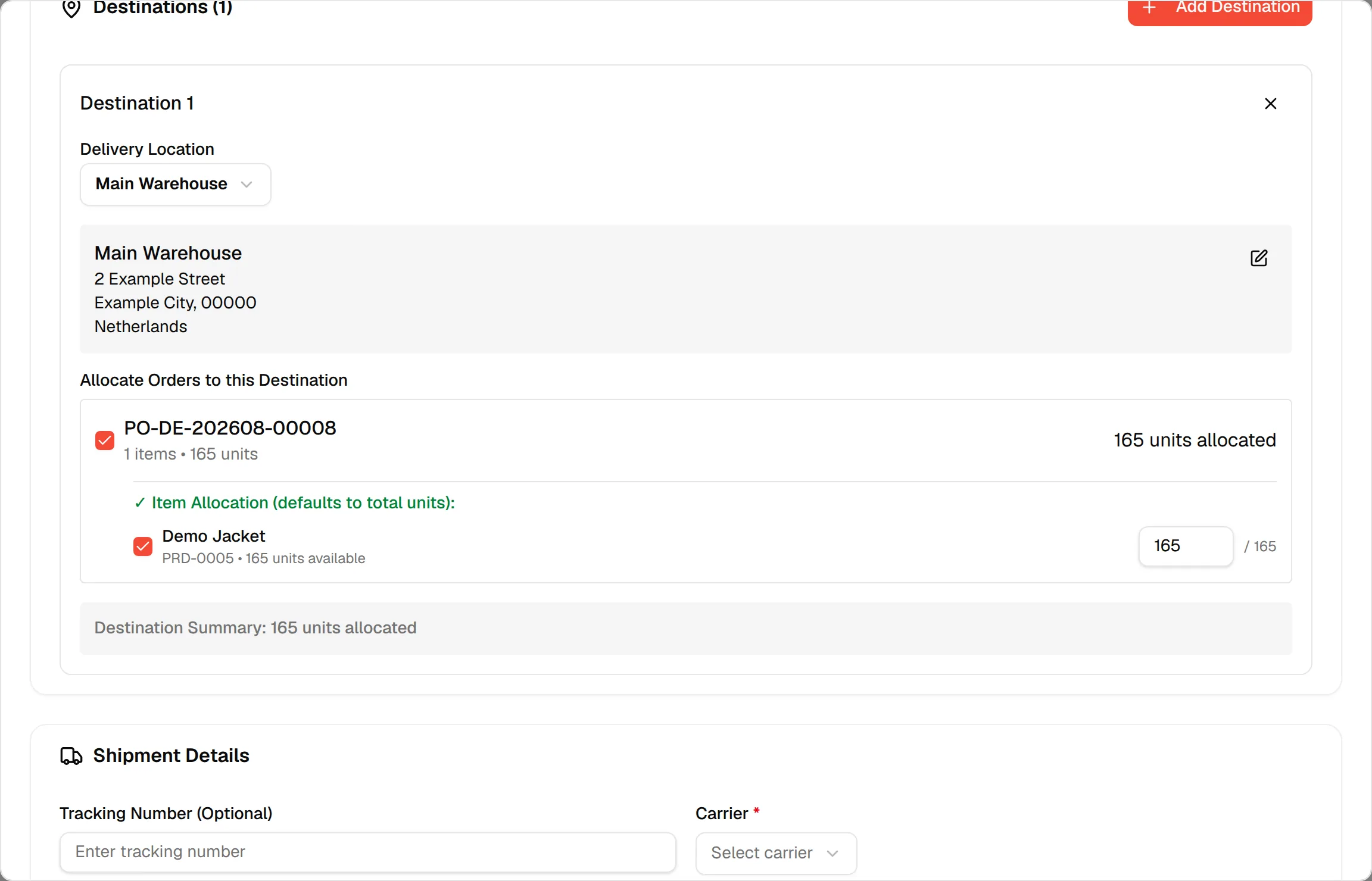 Item Allocation listing each style with a quantity box and the maximum available after the slash
