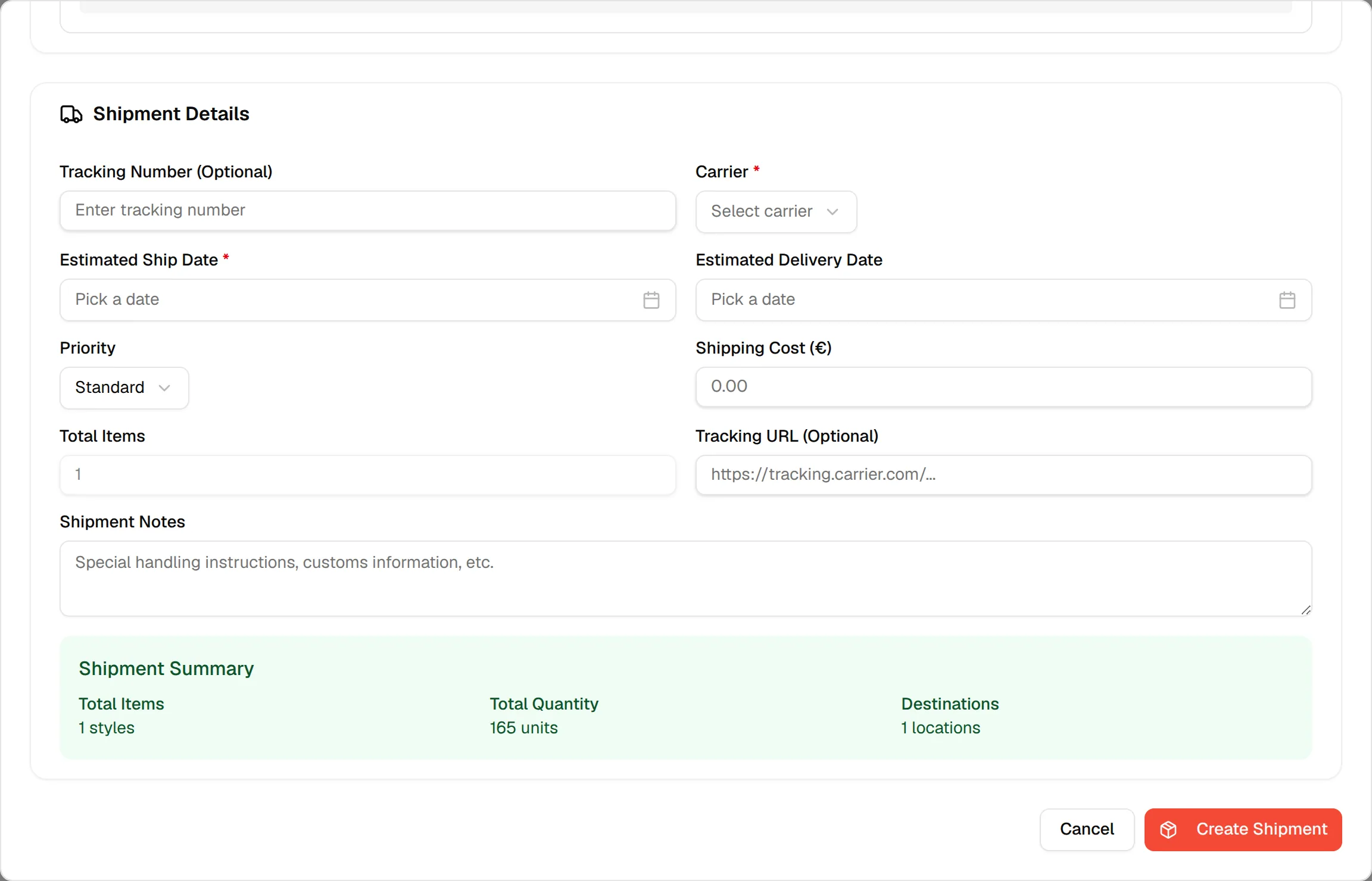 The Shipment Details section with tracking number, carrier, dates, priority, cost, tracking URL and notes