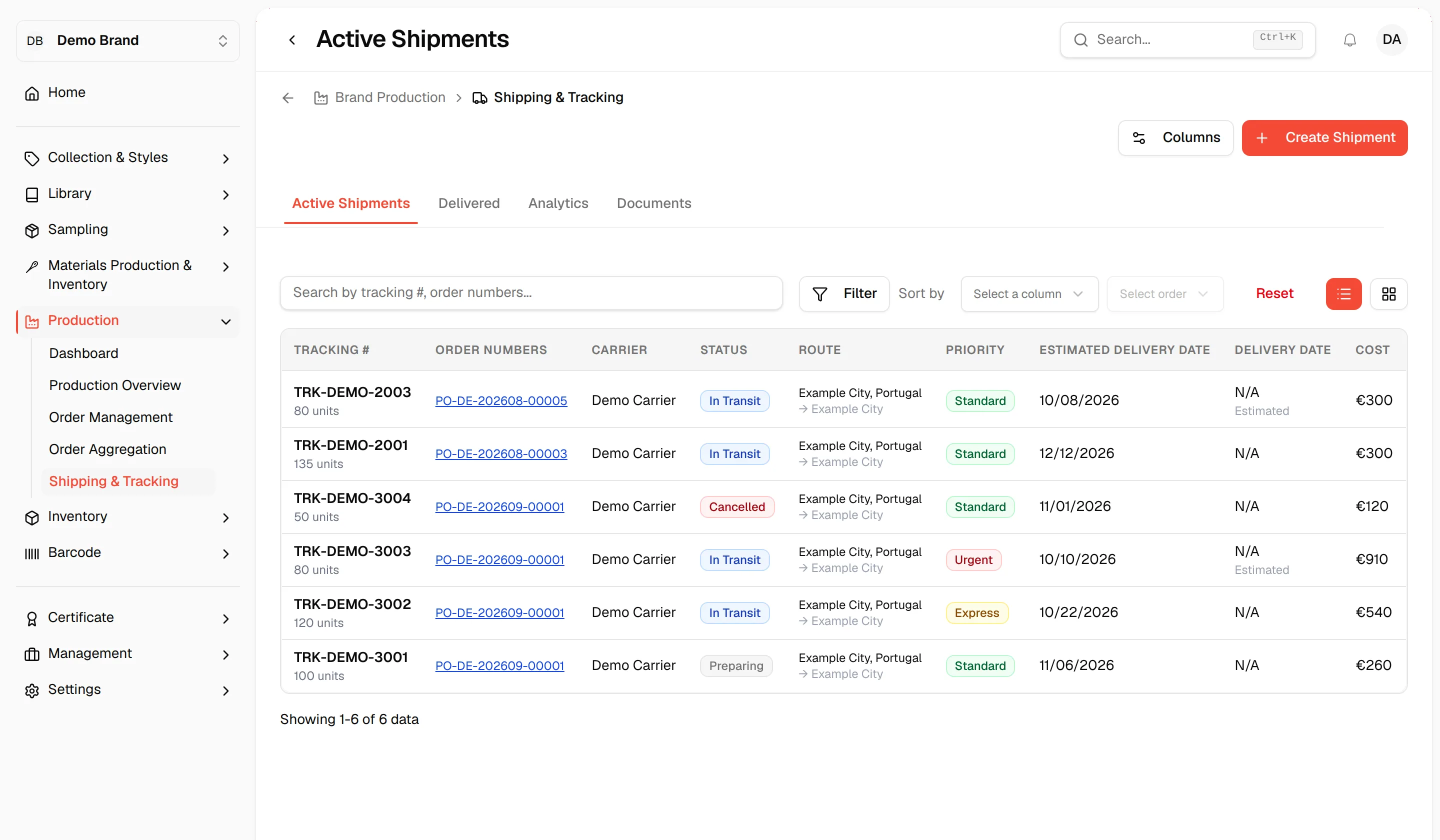 Shipping & Tracking opens on Active Shipments, the first of the four tabs