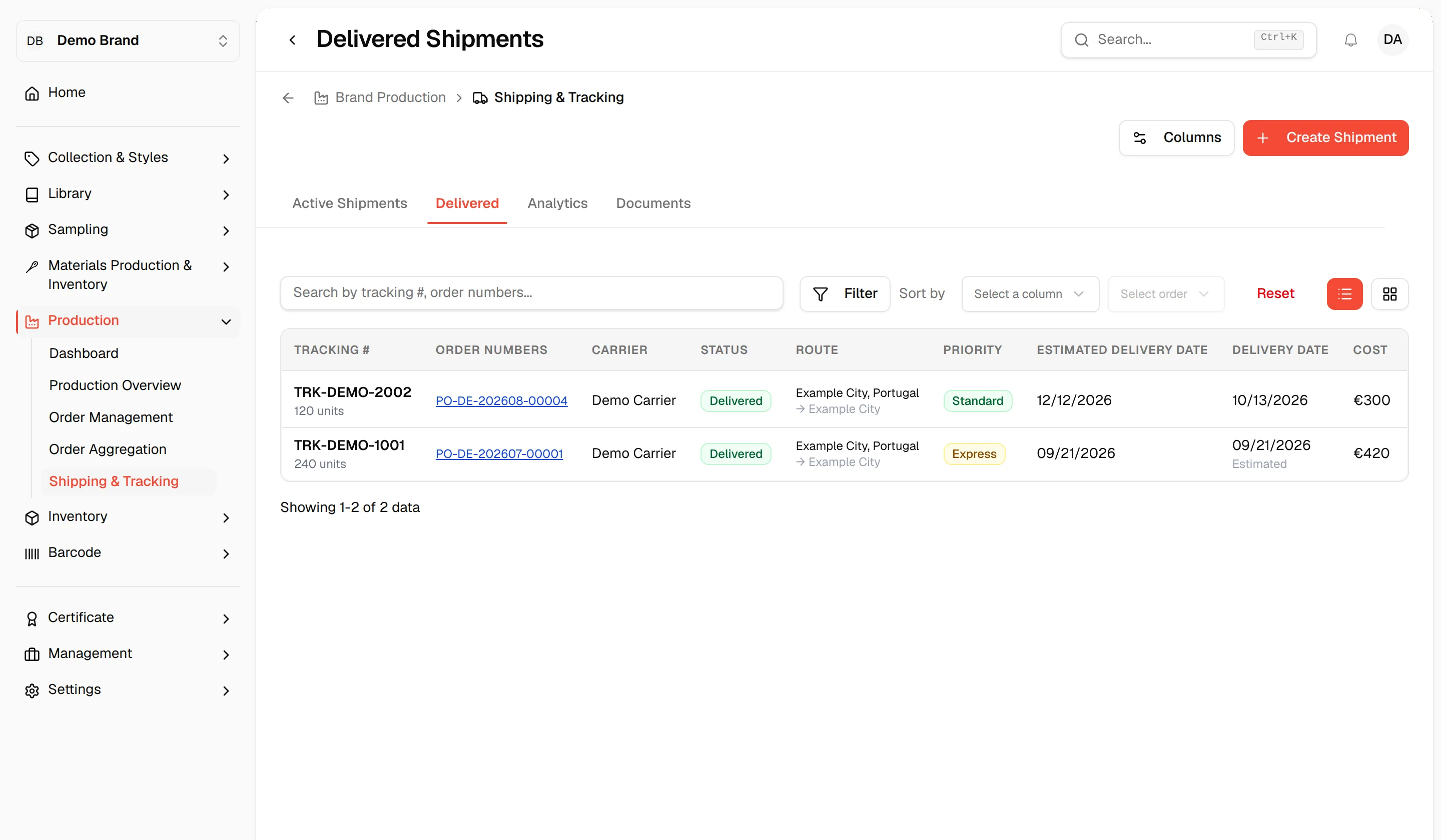 The Delivered tab listing only shipments with the status Delivered and their delivery dates
