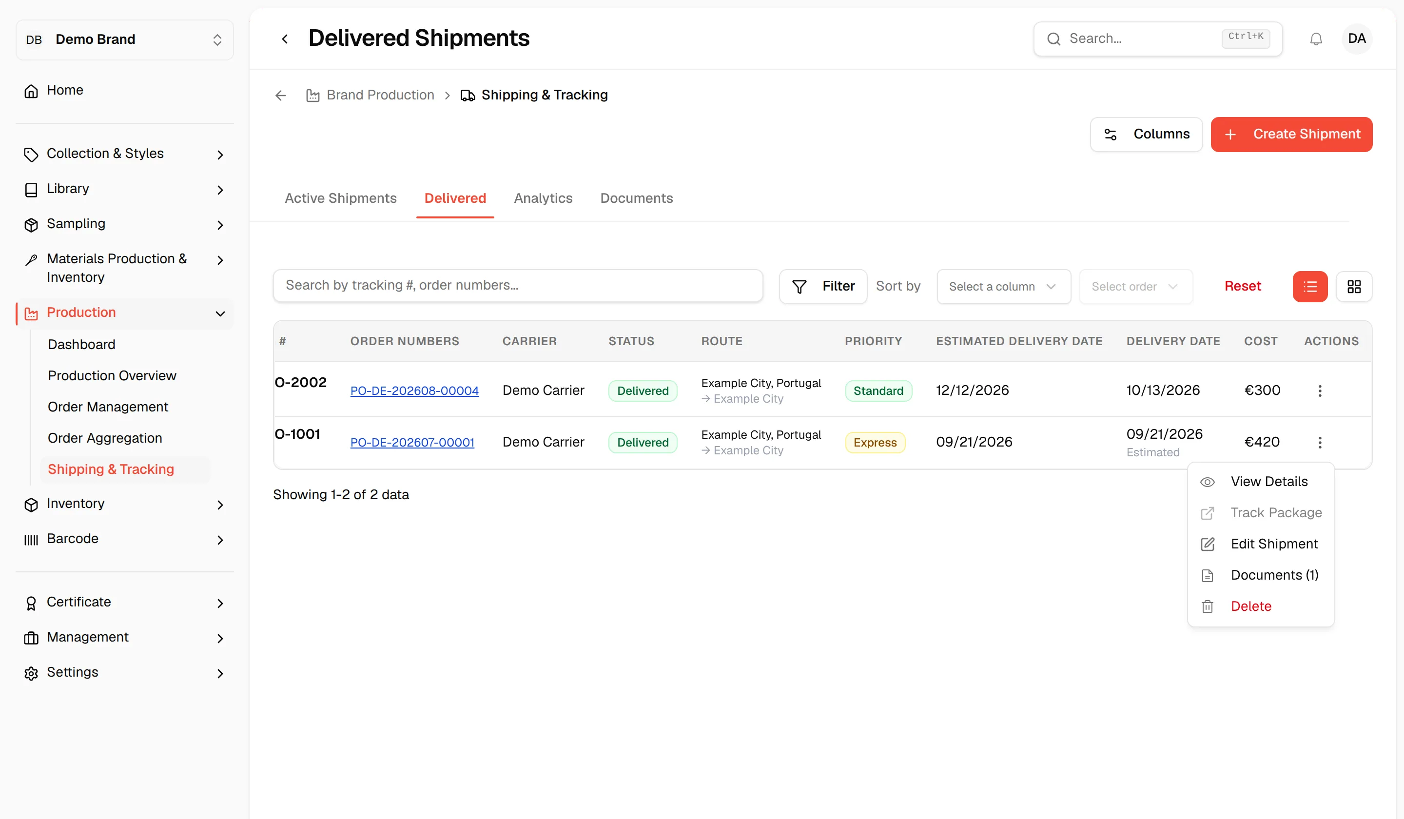 The row menu of a delivered shipment with View Details, Track Package, Edit Shipment, Documents and Delete