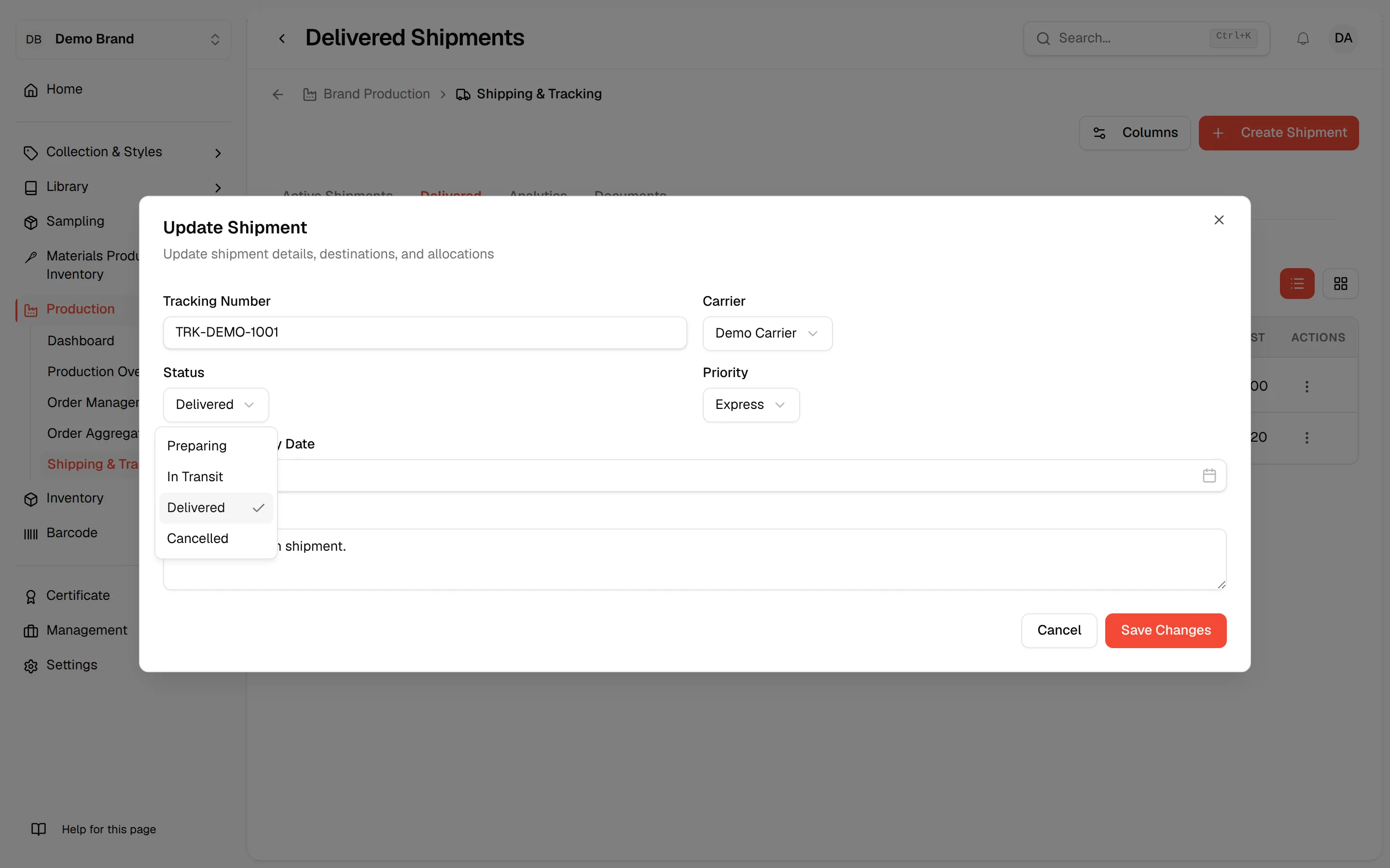The Update Shipment dialog with the Status field open, where Preparing or In Transit moves the shipment back to Active Shipments