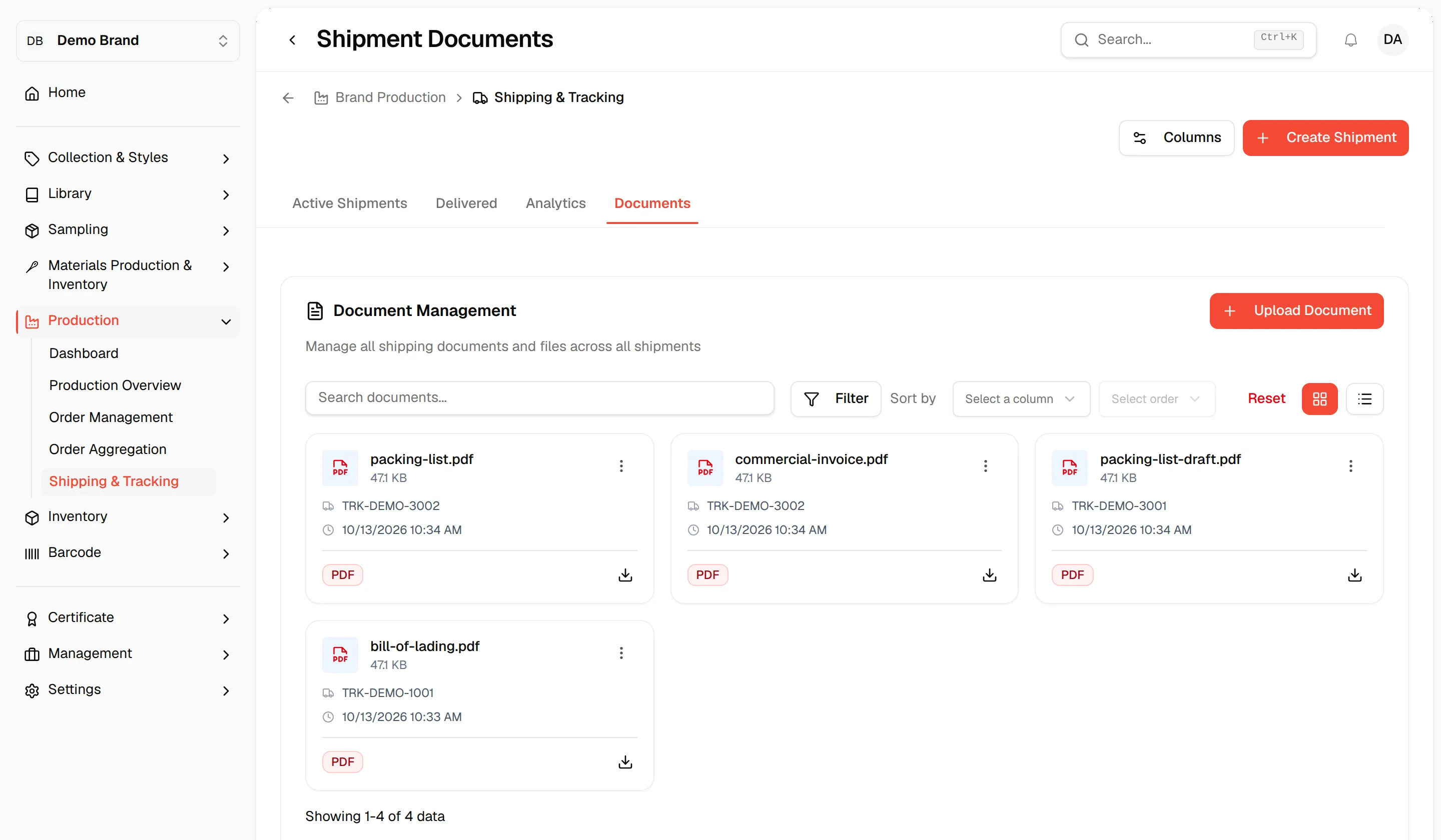 The Documents tab titled Document Management, showing the files as cards