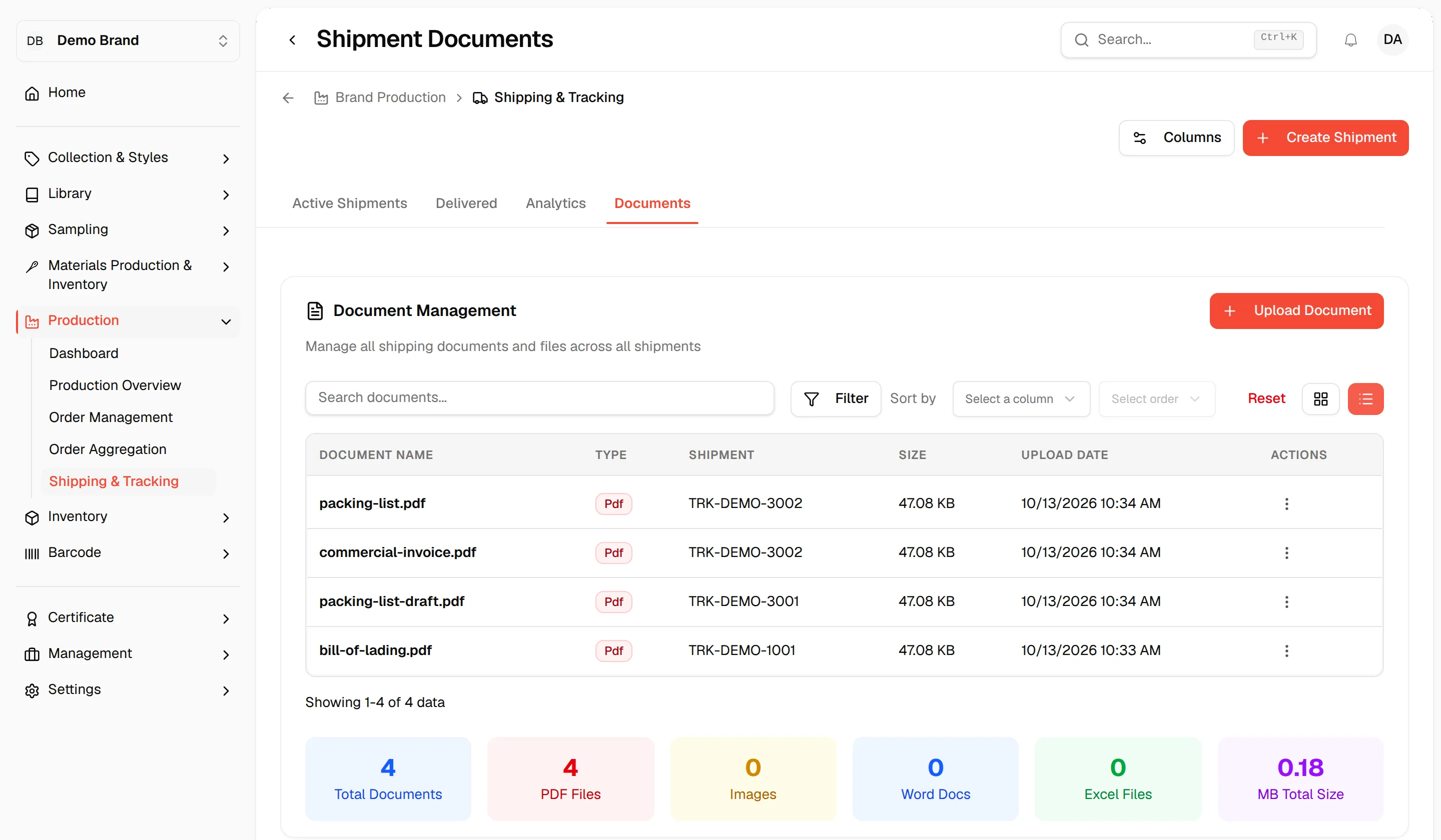 The table view with Document Name, Type, Shipment, Size and Upload Date columns