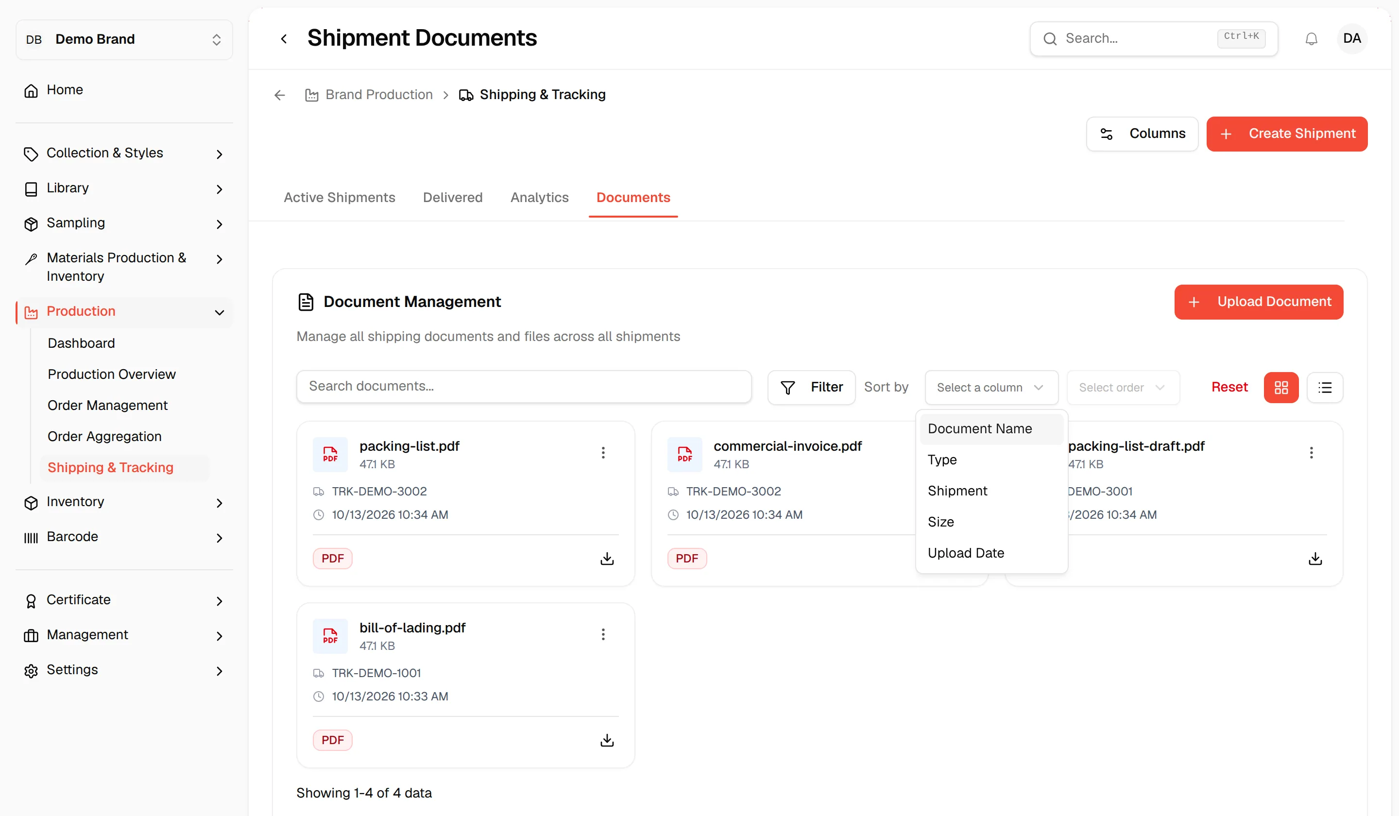 The sort column dropdown open with Document Name, Size and Upload Date