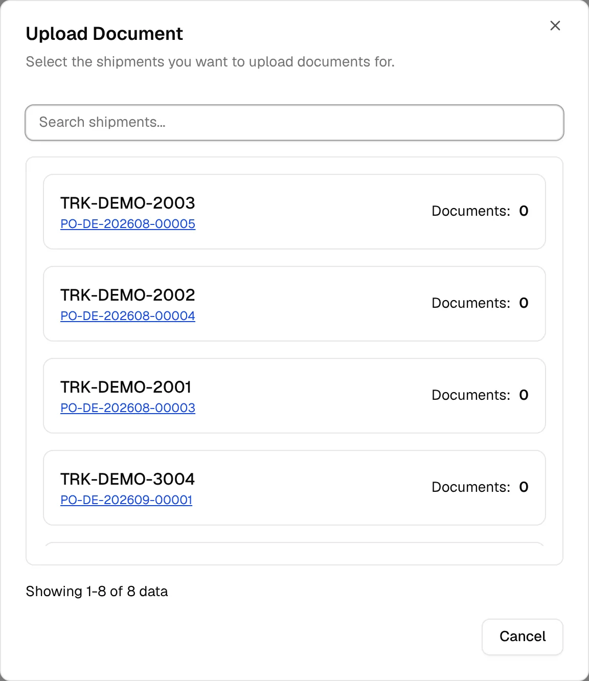 The Upload Document dialog listing each shipment with its production orders and its number of documents