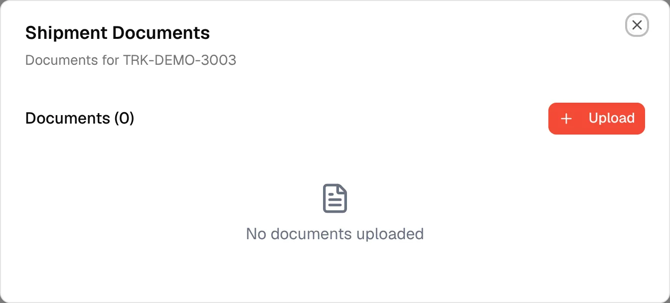 The Shipment Documents dialog of a shipment with no files, with the Upload button and No documents uploaded