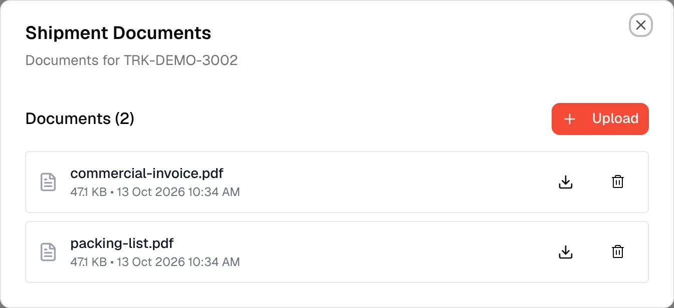 The Shipment Documents dialog of a shipment with two files, each with its size and upload time