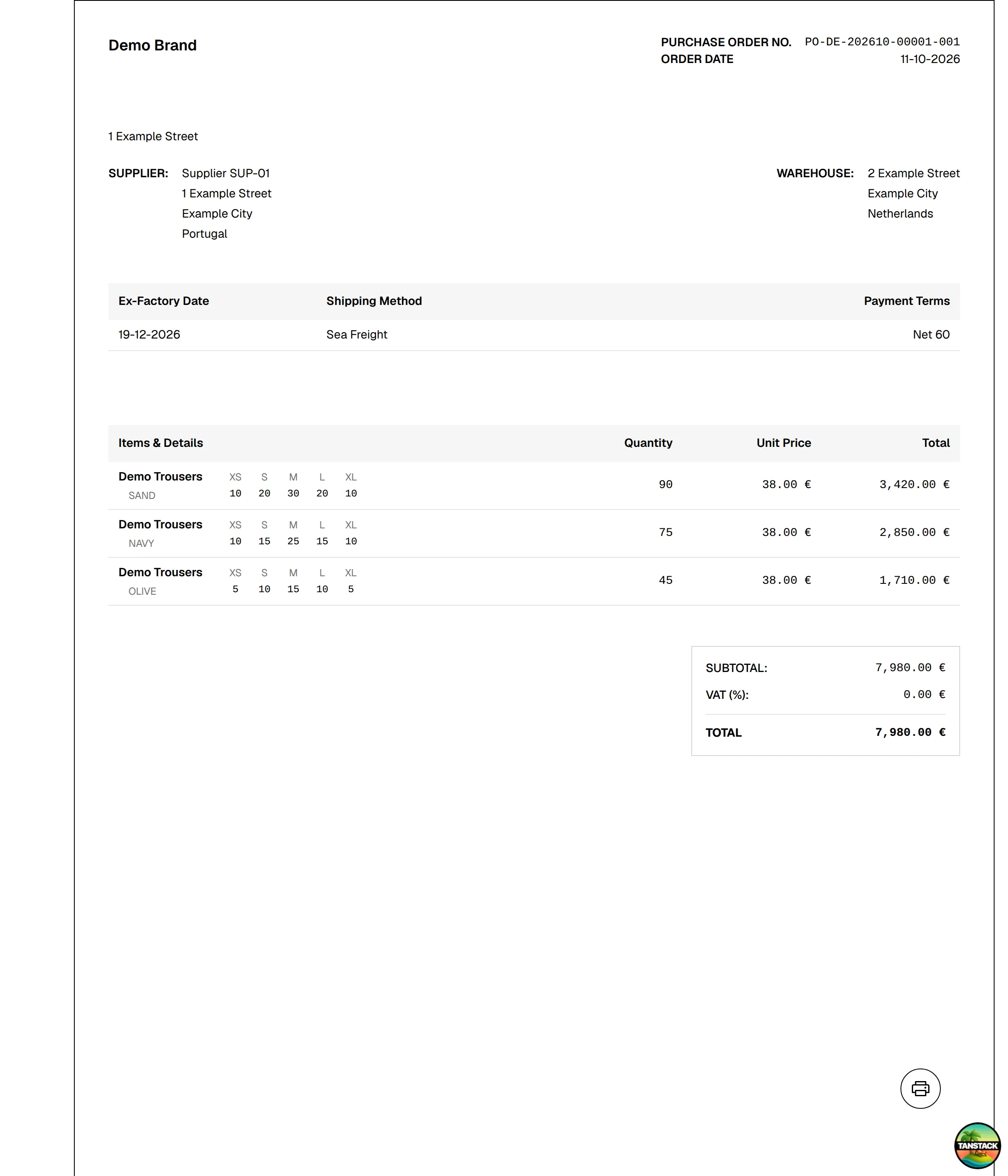 The purchase order document on a white page with the round printer button at the bottom right