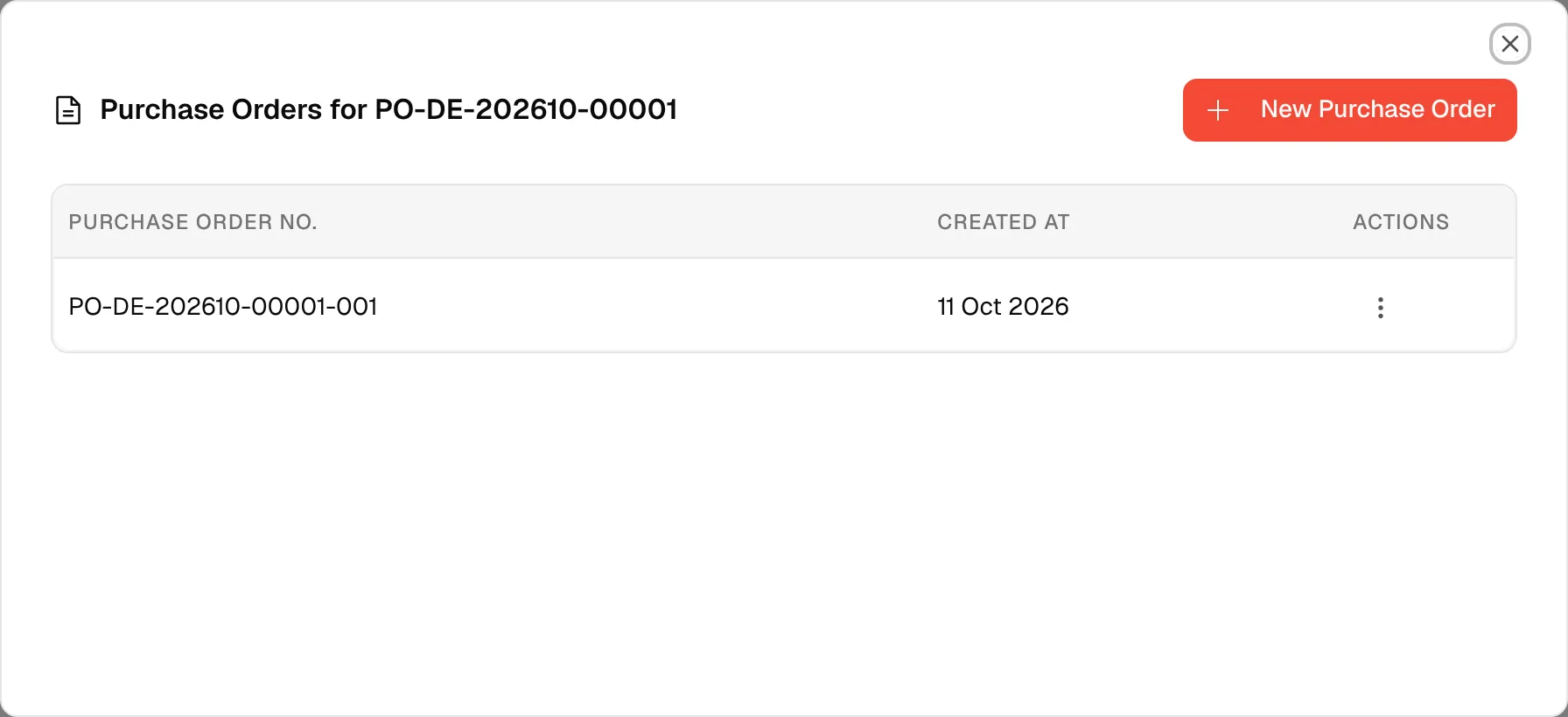 The Purchase Orders dialog of an order with the New Purchase Order button and one purchase order in the list