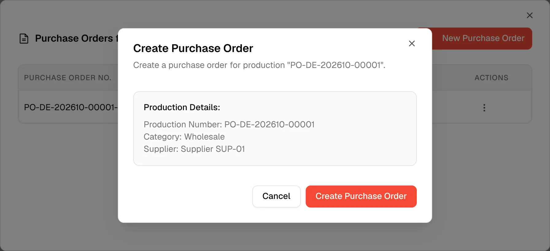 The Create Purchase Order dialog showing the production number, category and supplier of the order