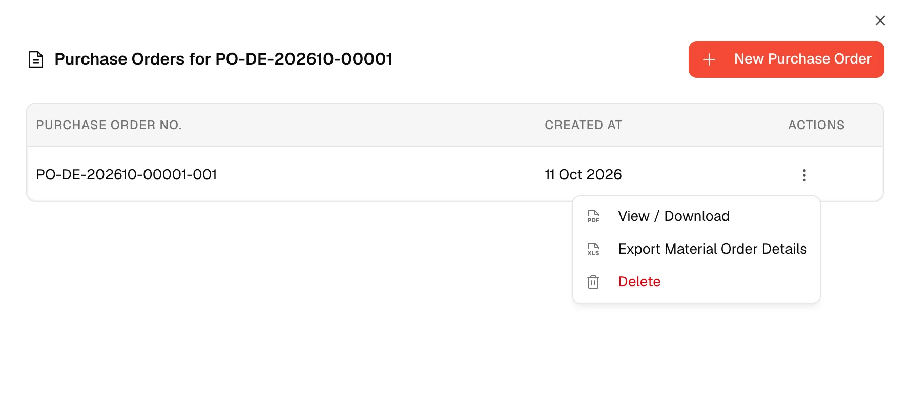 The actions menu of a purchase order with View / Download, Export Material Order Details and Delete