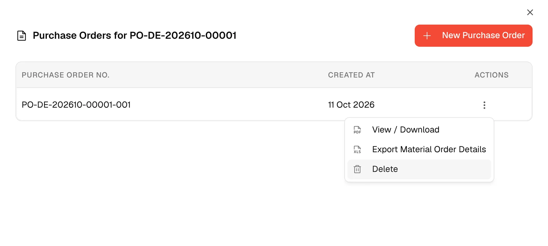 Delete, shown in red at the bottom of the actions menu of a purchase order
