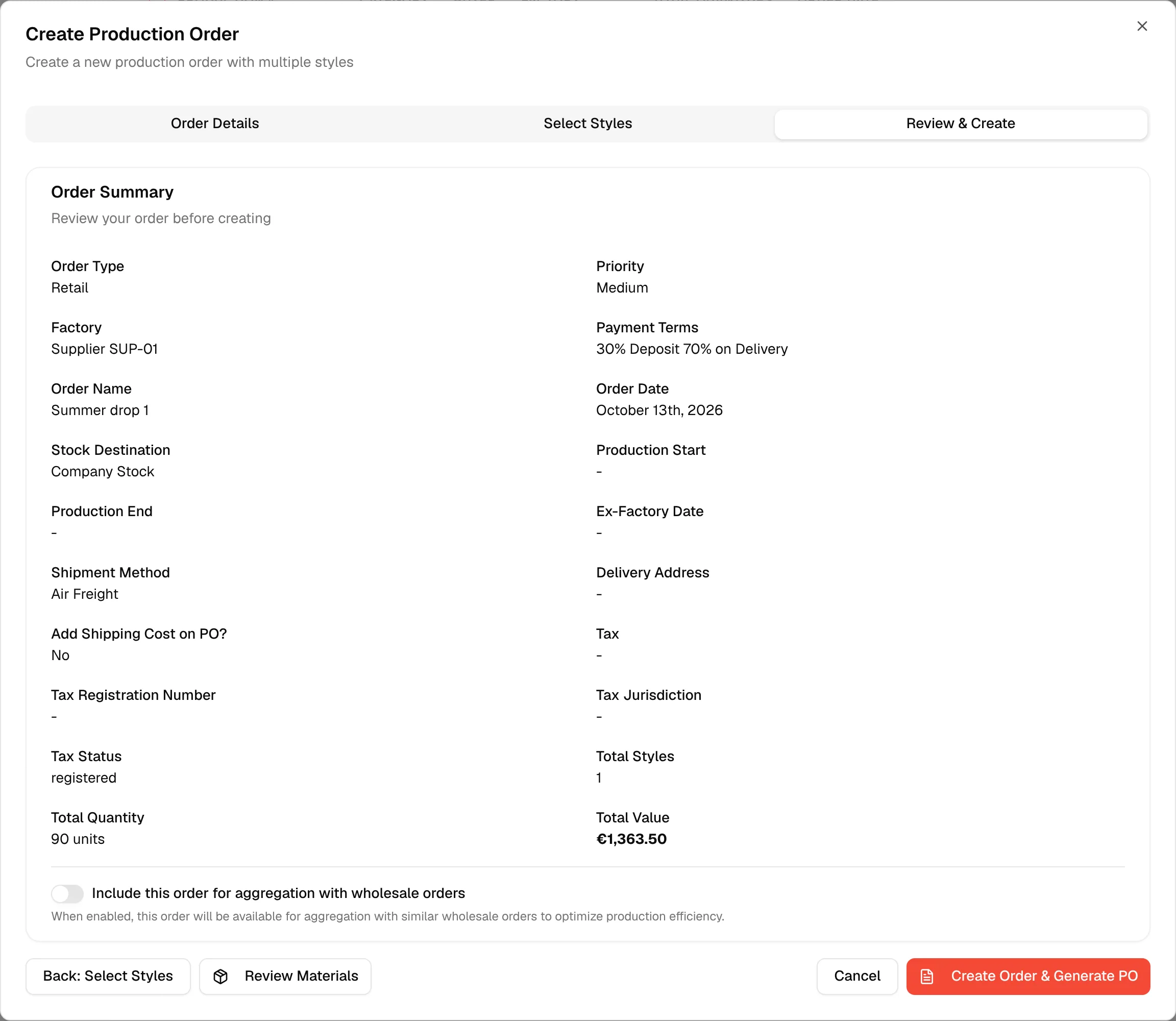 The Review & Create tab with the Order Summary and the Create Order & Generate PO button at the bottom right