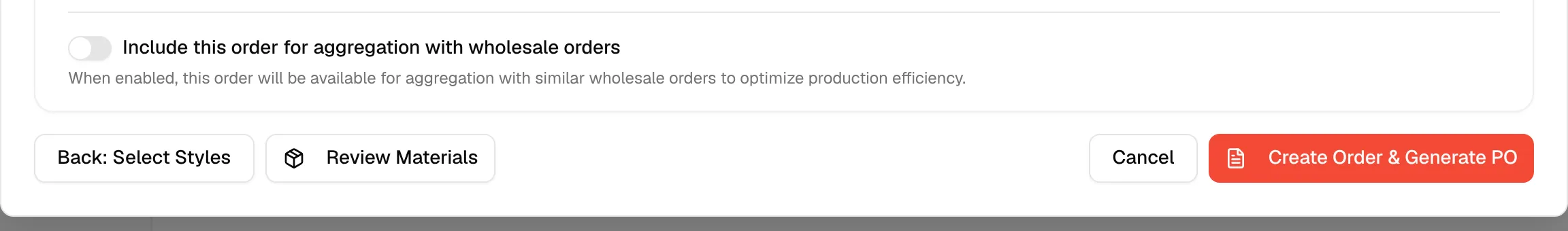 The toggle to include the order for aggregation with wholesale orders, with its explanation