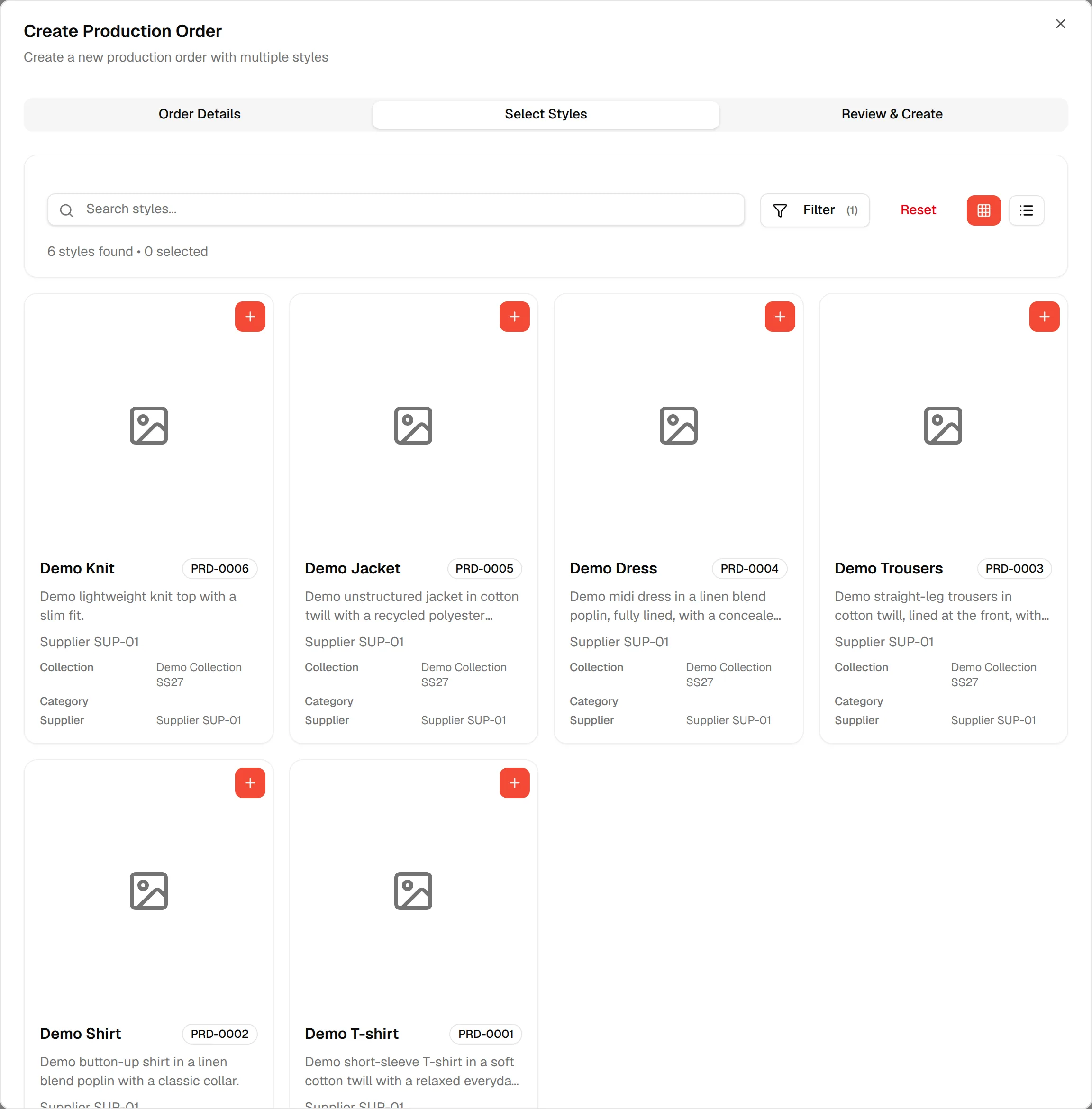 The Select Styles tab with a card for each style and the plus icon on each card