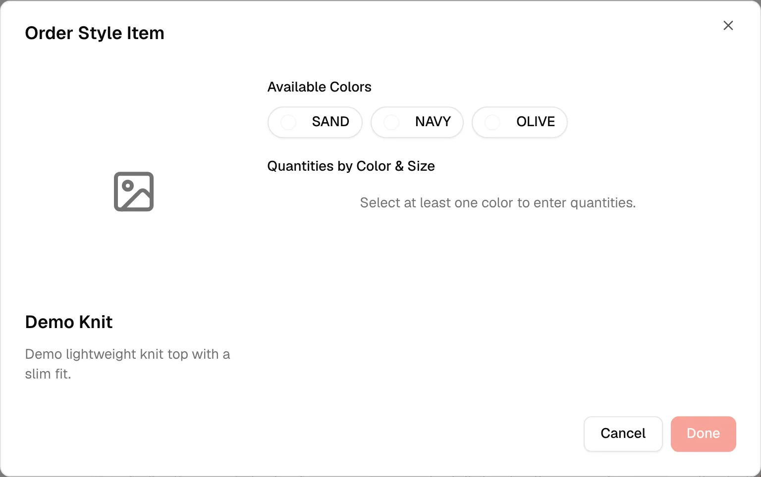 The Order Style Item dialog with the available colours of the style to choose from