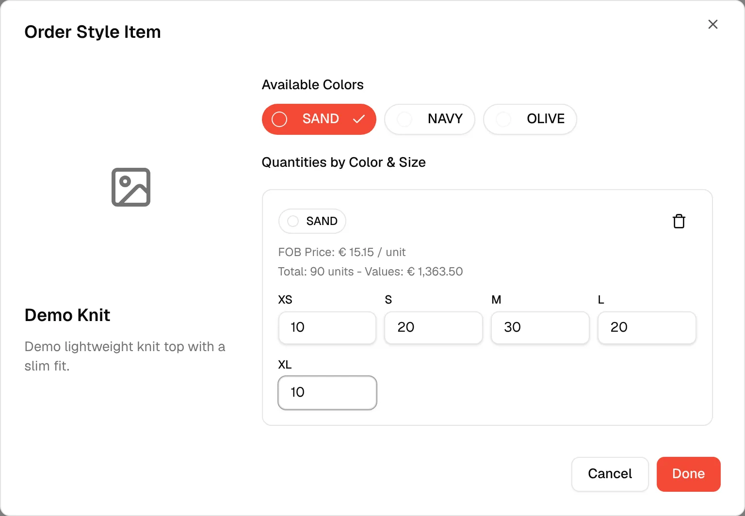 A colour chosen and the quantity typed for each size, with the FOB price, total units and total value of the colour