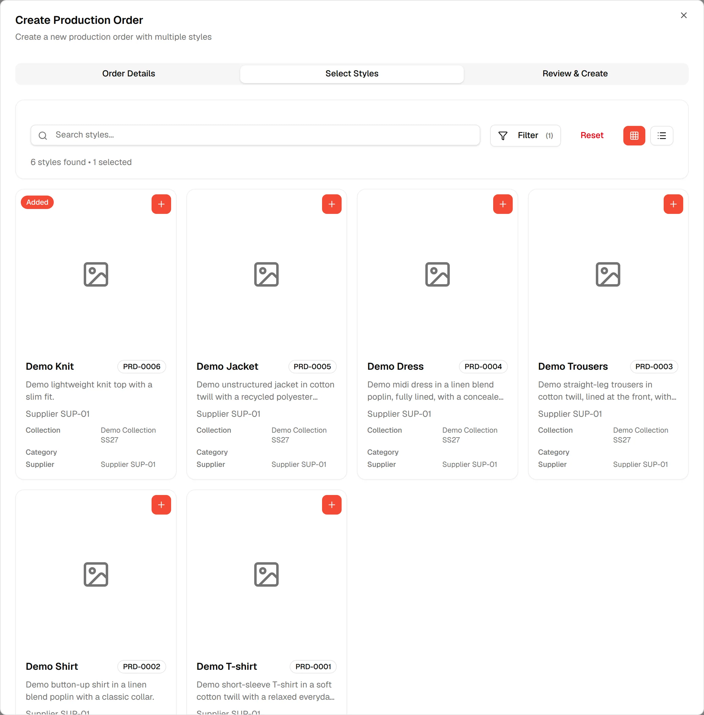 The Select Styles tab after Done, with the Added badge on the style card
