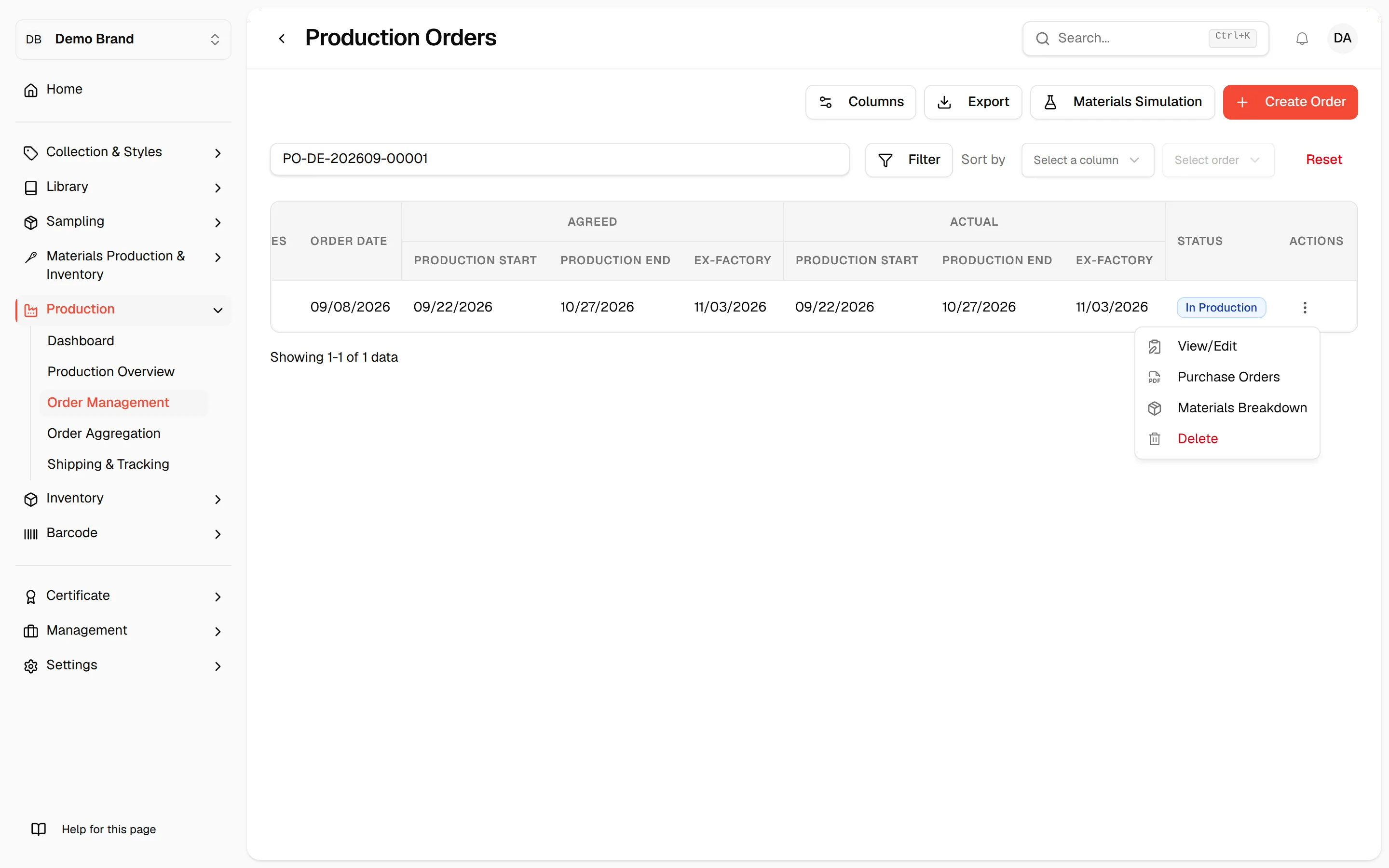 The three-dot menu of an order row with View/Edit at the top