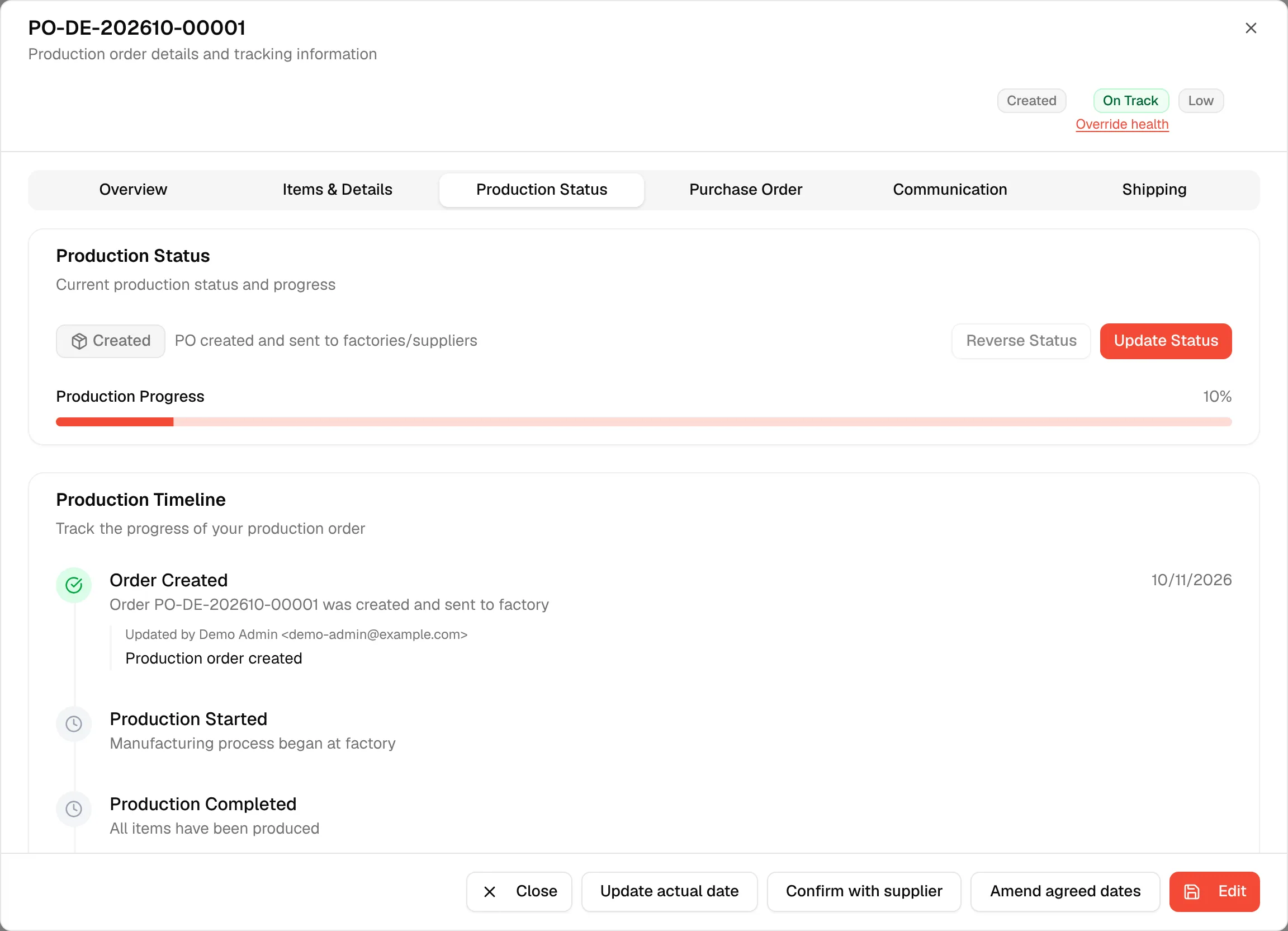 The Production Status tab with the current status, the progress and the production timeline