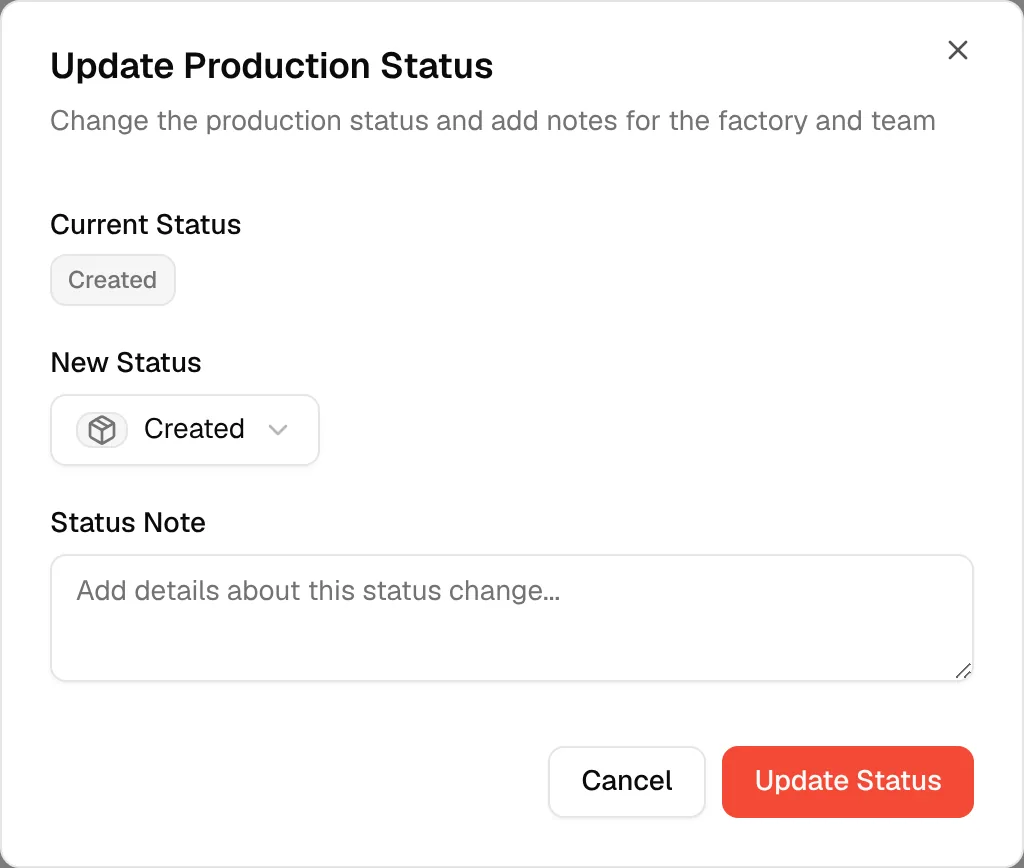 The Update Production Status dialog opened from the Update Status button