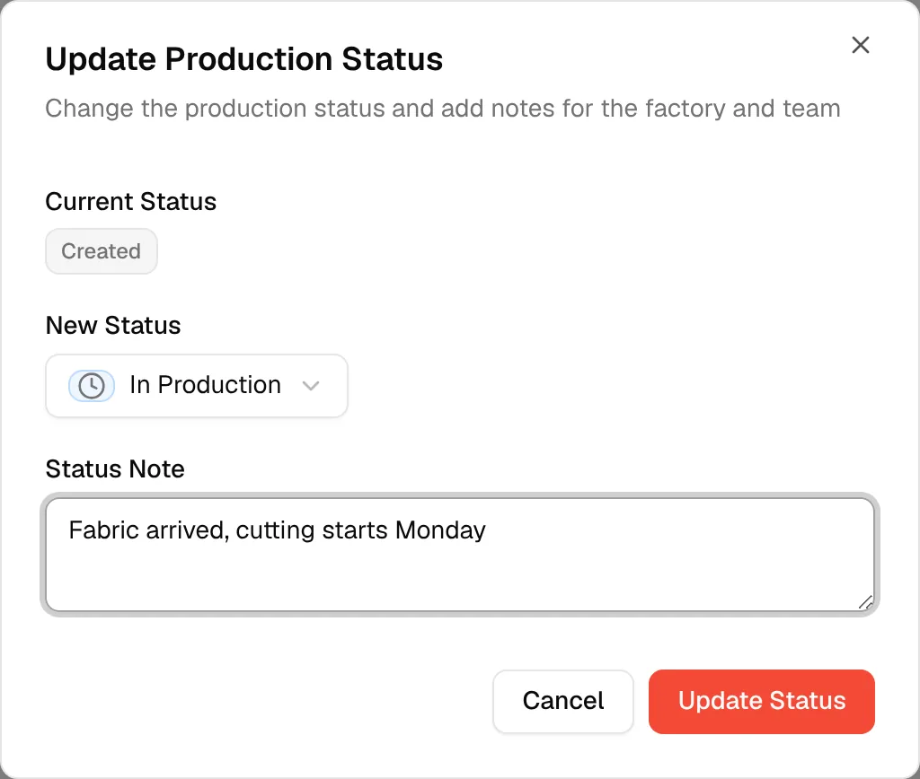A status note typed for the factory before saving