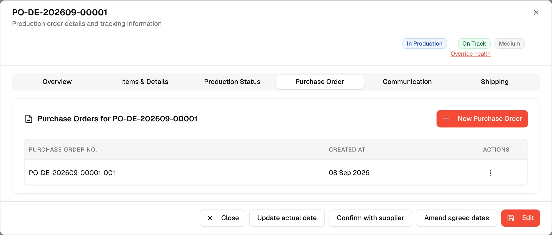 The Purchase Order tab with the New Purchase Order button above the list of purchase orders