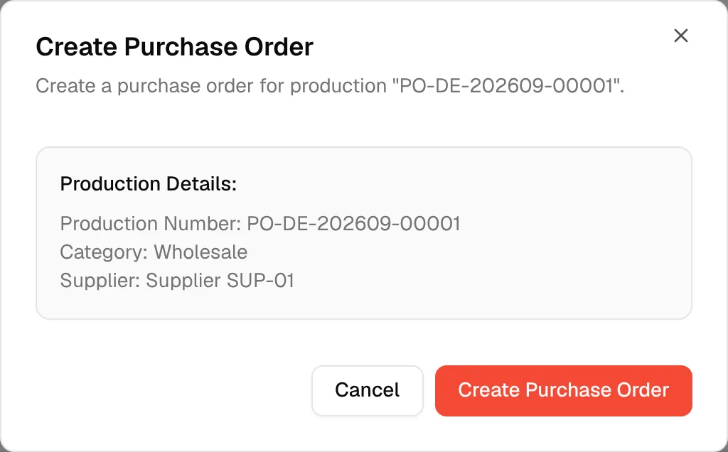 The Create Purchase Order dialog with the production number, category and supplier