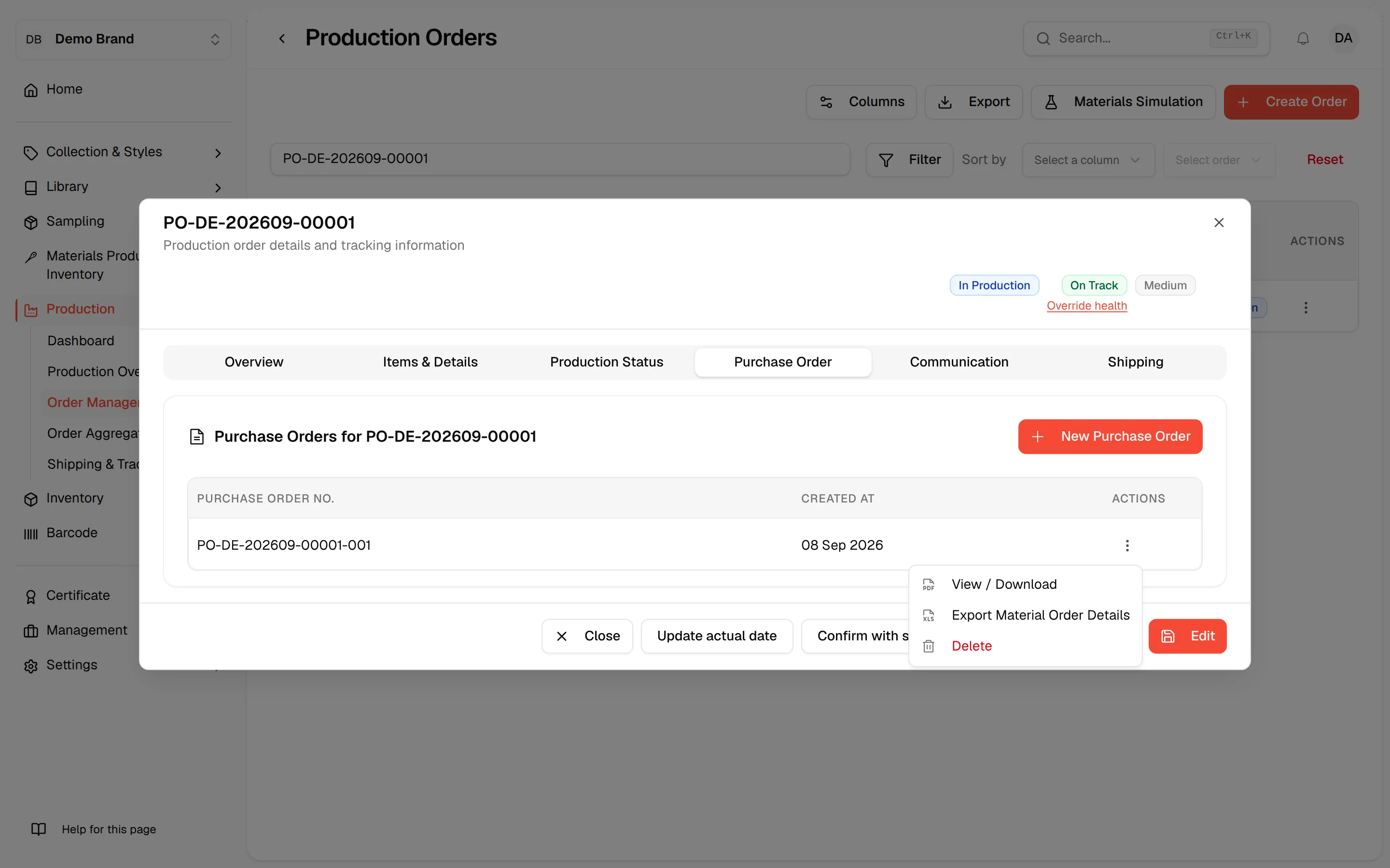 The three-dot menu of a purchase order with View / Download, Export Material Order Details and Delete