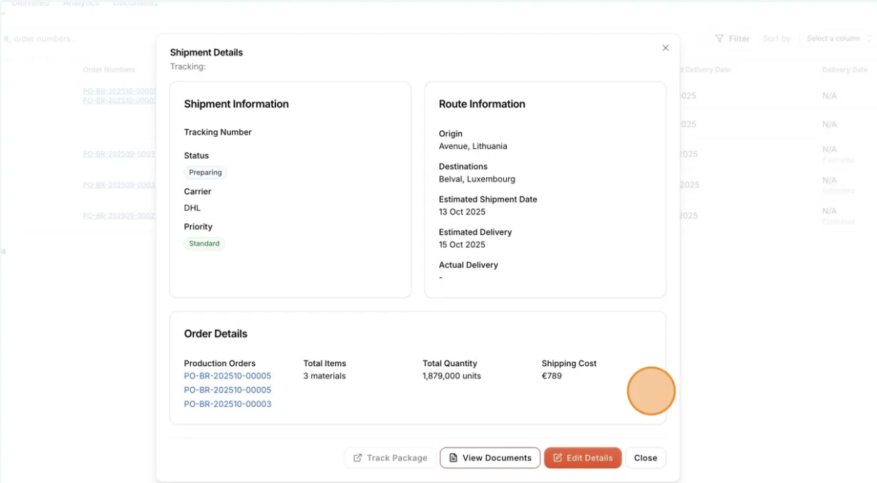 Select the View details to update shipment details, destinations, and allocations.