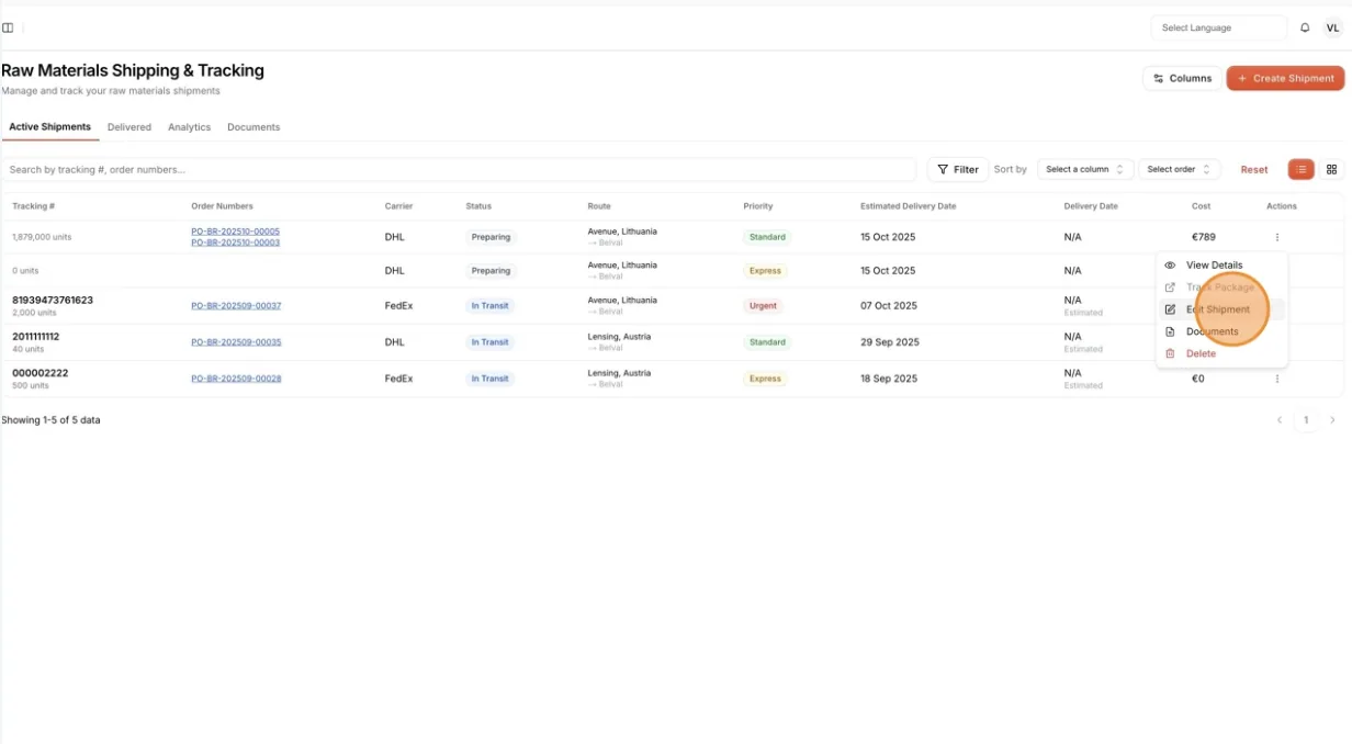 Select the Edit Details, and the page will directly go to the Edit shipment Page to modify the shipment information.