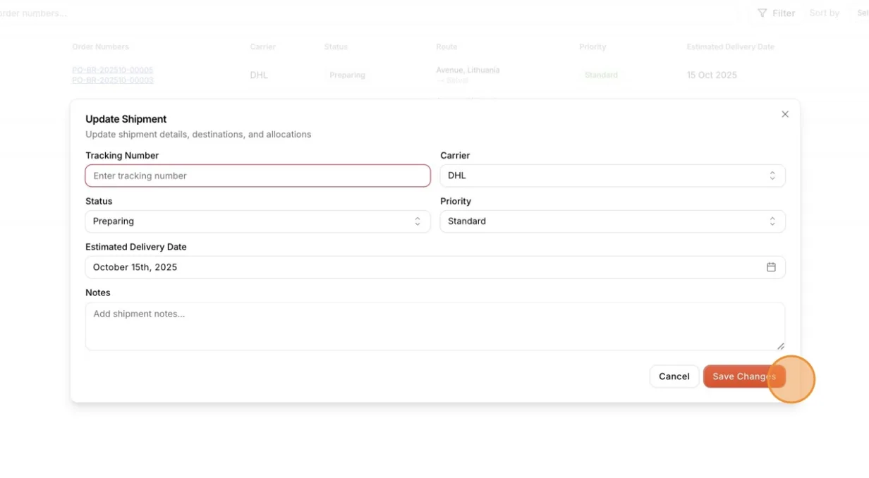 On the Edit Shipment page, review or update the shipment information as needed, then click Save Changes to apply and save…