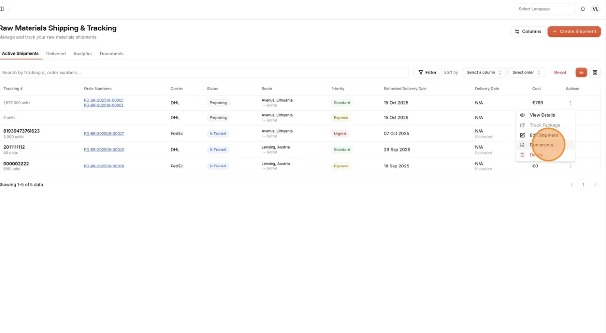 On the Document page, users can view, upload, and manage all shipment-related documents for easy reference and record…