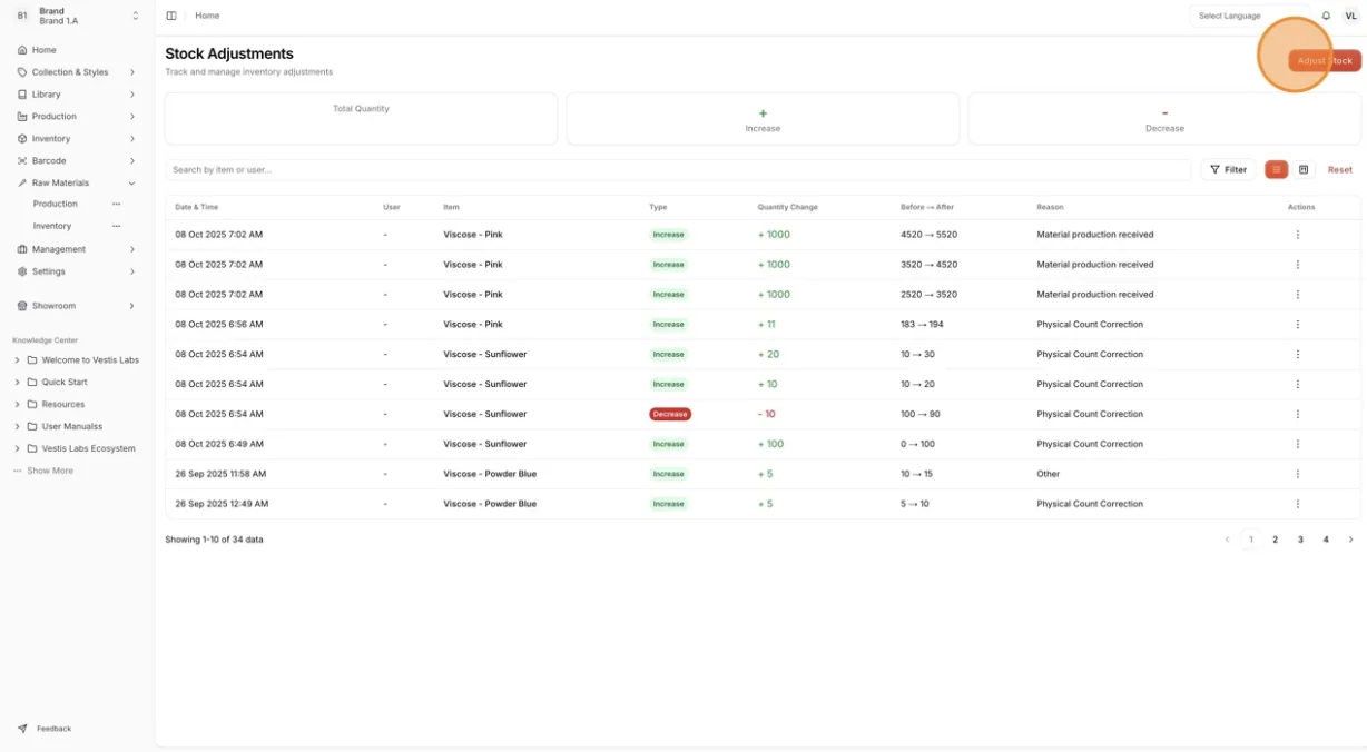 Click the Adjust Stock button to start updating the quantity.