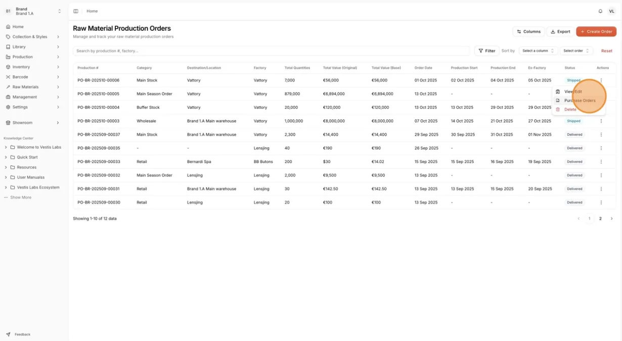 From the Production Product Order, click the three dots action button, then select Purchase Order.