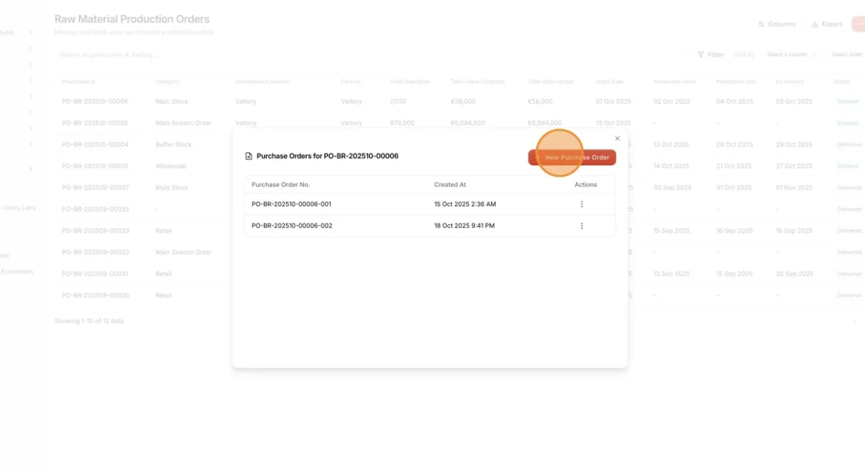 Click New Purchase Order to create an additional purchase order from the same product order (PO).