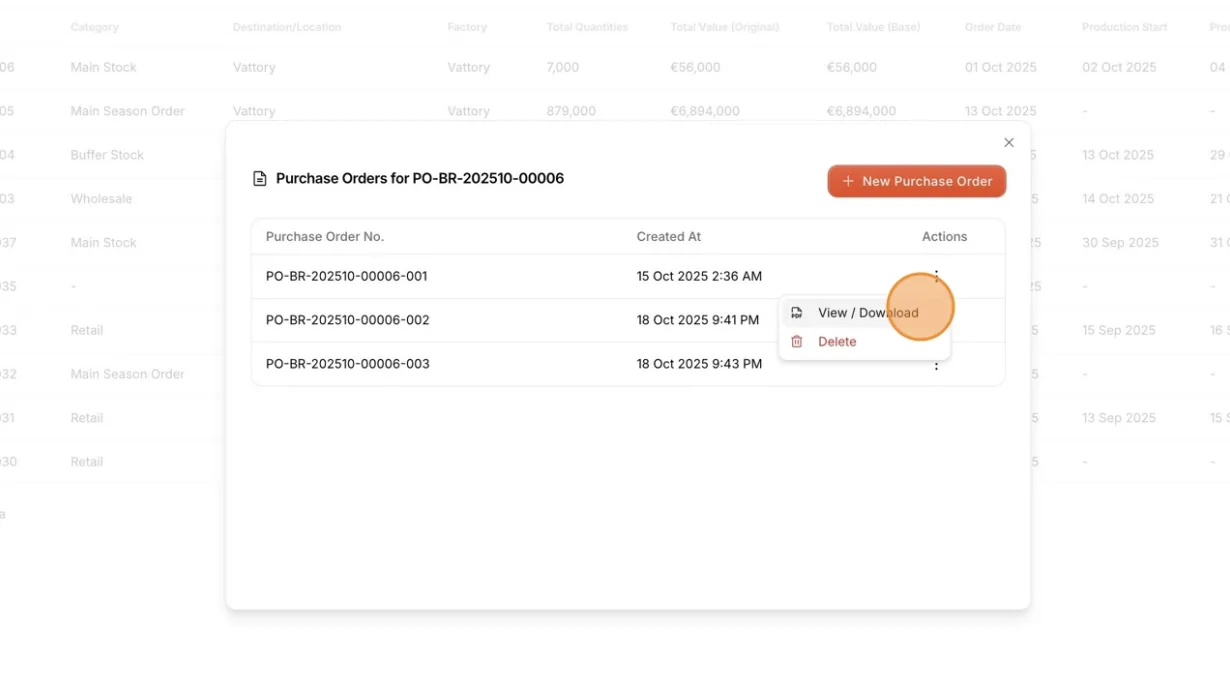 Use the three dots action button beside each purchase order for additional actions: